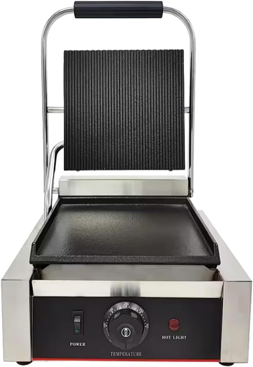 Commercial Panini Press With Grooved Grill Sandwich Maker Machine Electric Contact Grill Single (Single Grooved Top&Smooth Bottom)