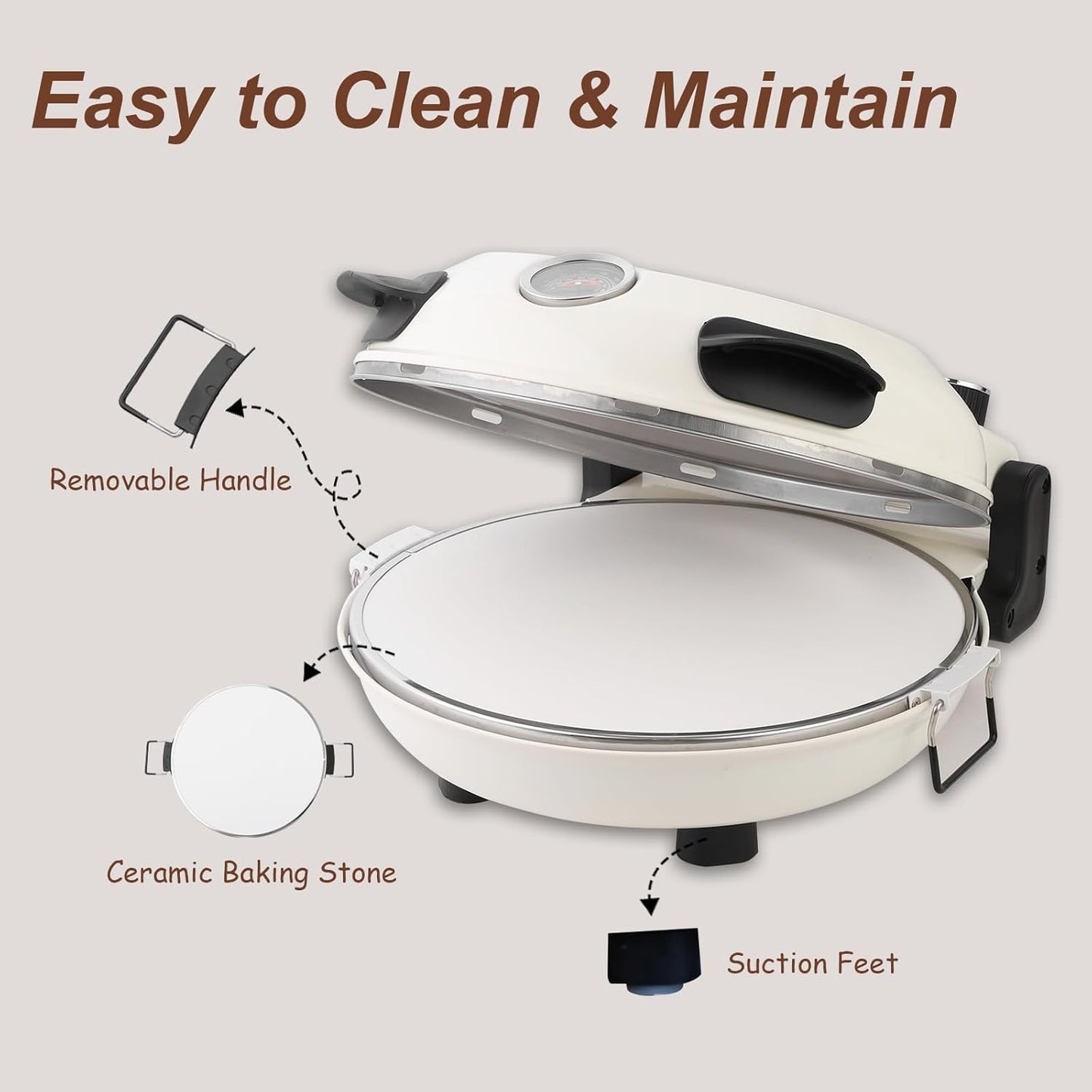 12" Electric Pizza Oven - Countertop Pizza Maker with Ceramic Stone, Heats up to 800°F, Portable Indoor Pizza Oven for Homemade Pizzas, White