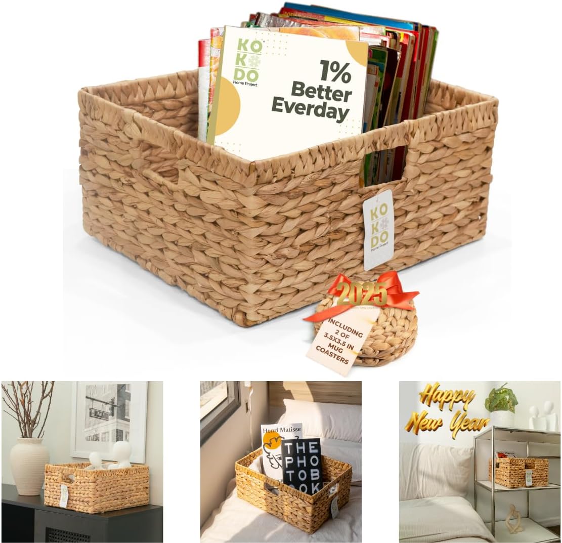 KOKODO 15"Lx11"W Large Rectangular Water Hyacinth Wicker Storage Baskets with Handles and Metal Frame, Stylish and Durable Handwoven Bin for Space-saving Room Organizing or Decorative Wicker Basket