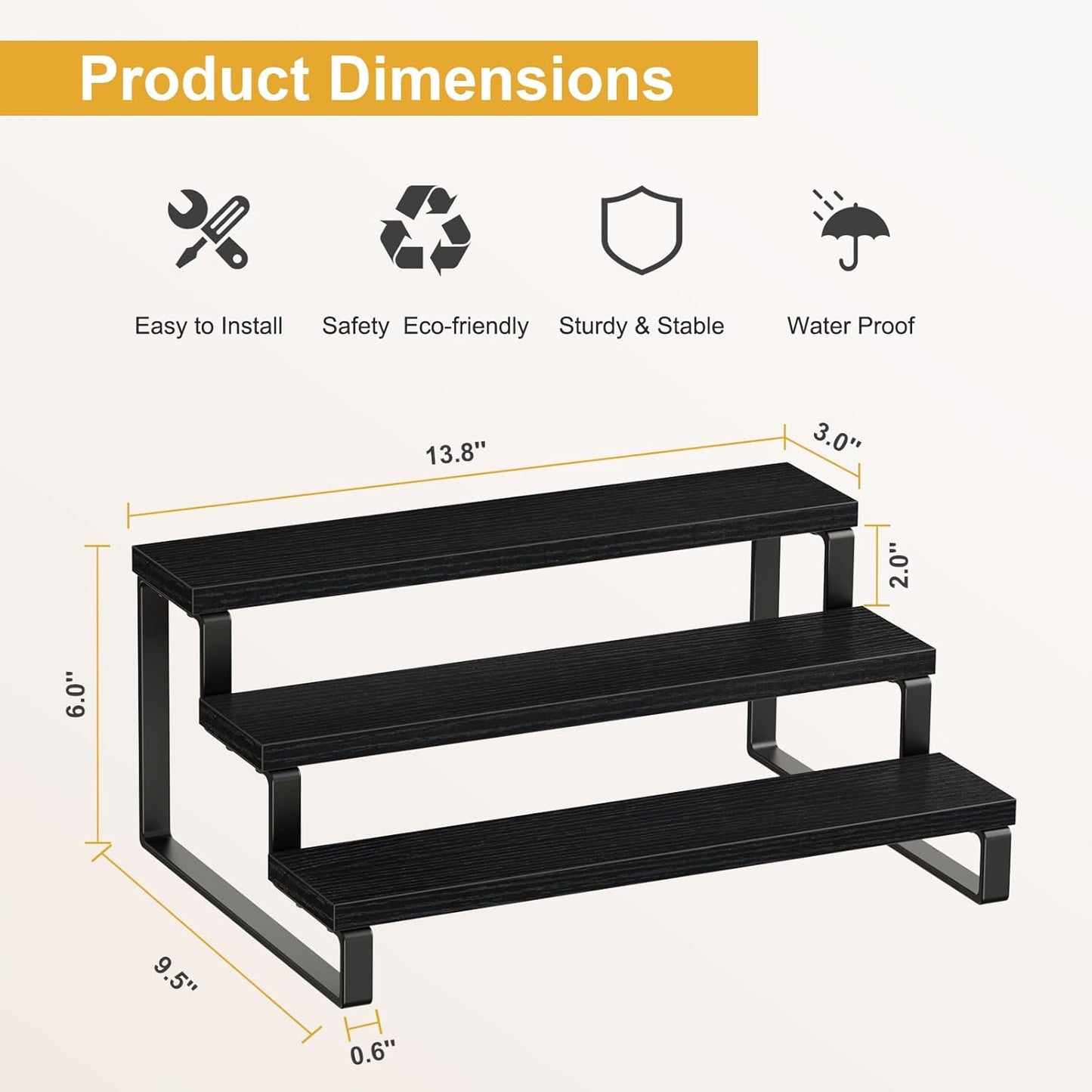 Giikin 3 Tier Spice Rack, Set of 2 Wooden Spice Rack for Countertop, Cabinet Organizer Shelf Kitchen Counter Storage Shelves Cupcake Stand Holder Display Stand, Black