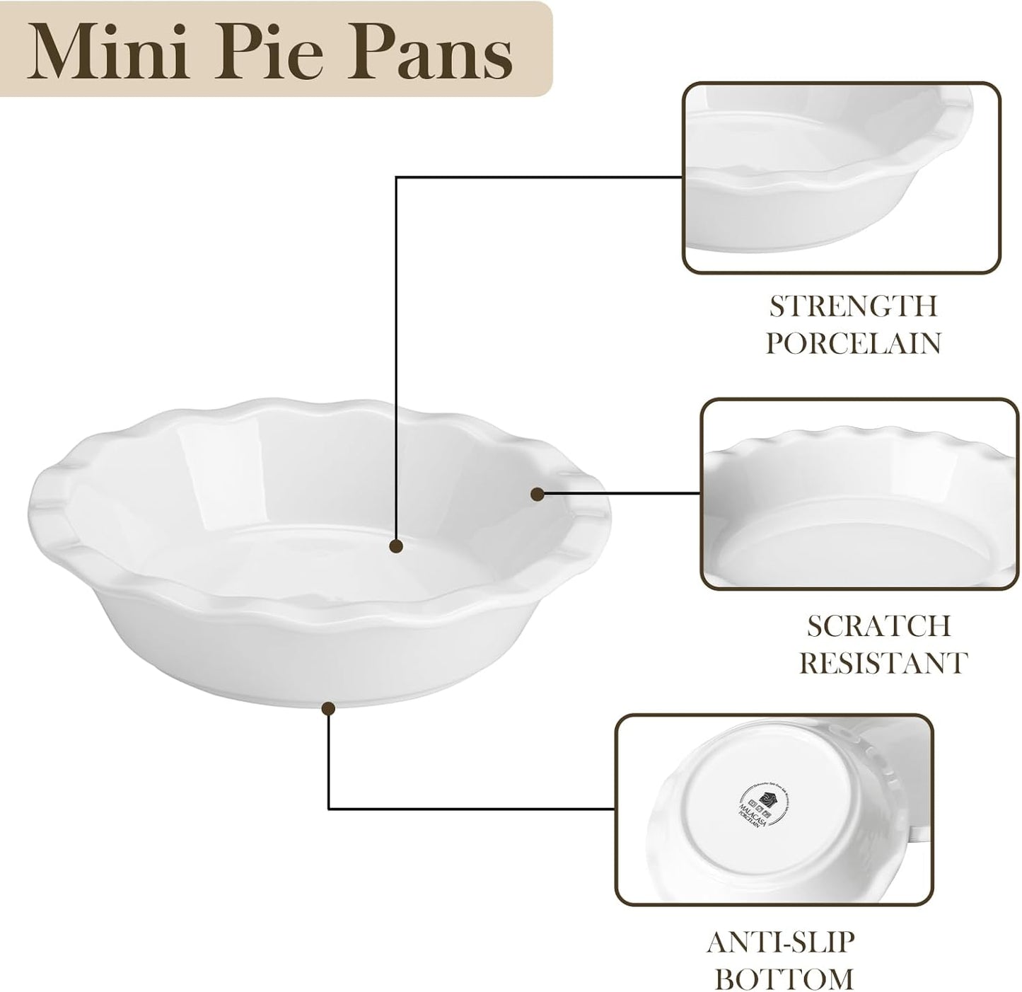 MALACASA Ceramic Mini Pie Pans Set of 6, 6 Inch Pie Plates for Baking with Ruffled Edge, Small Quiche Baking Dish Pans Tart Pans, Individual Pot Pie Plates, Microwave & Oven Safe, White