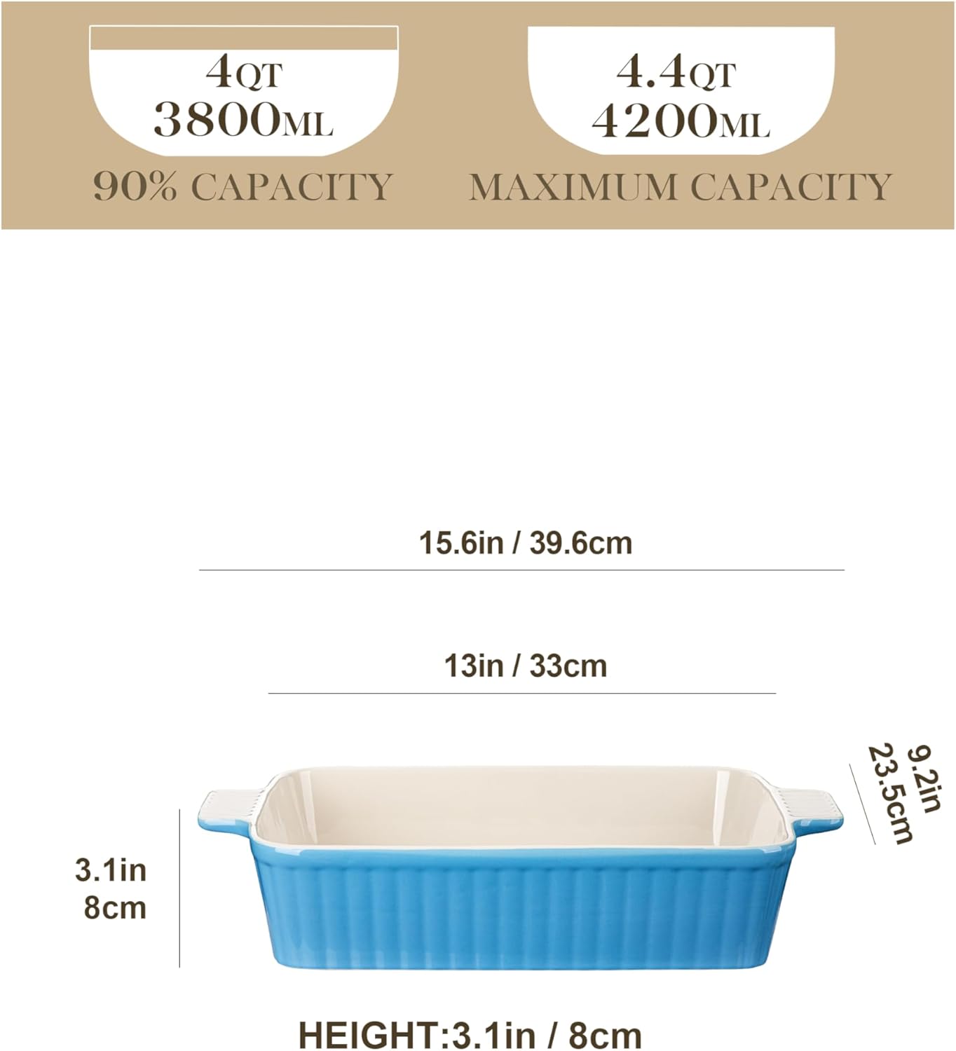 MALACASA 4.4 QT Baking Dish, 9x13 Large Casserole Dish for Oven, Ceramic Baking Pan, Rectangular Lasagna Pan Deep with Handles for Baking, Durable Microwave Oven Safe, Blue, Series BAKE-BAKE