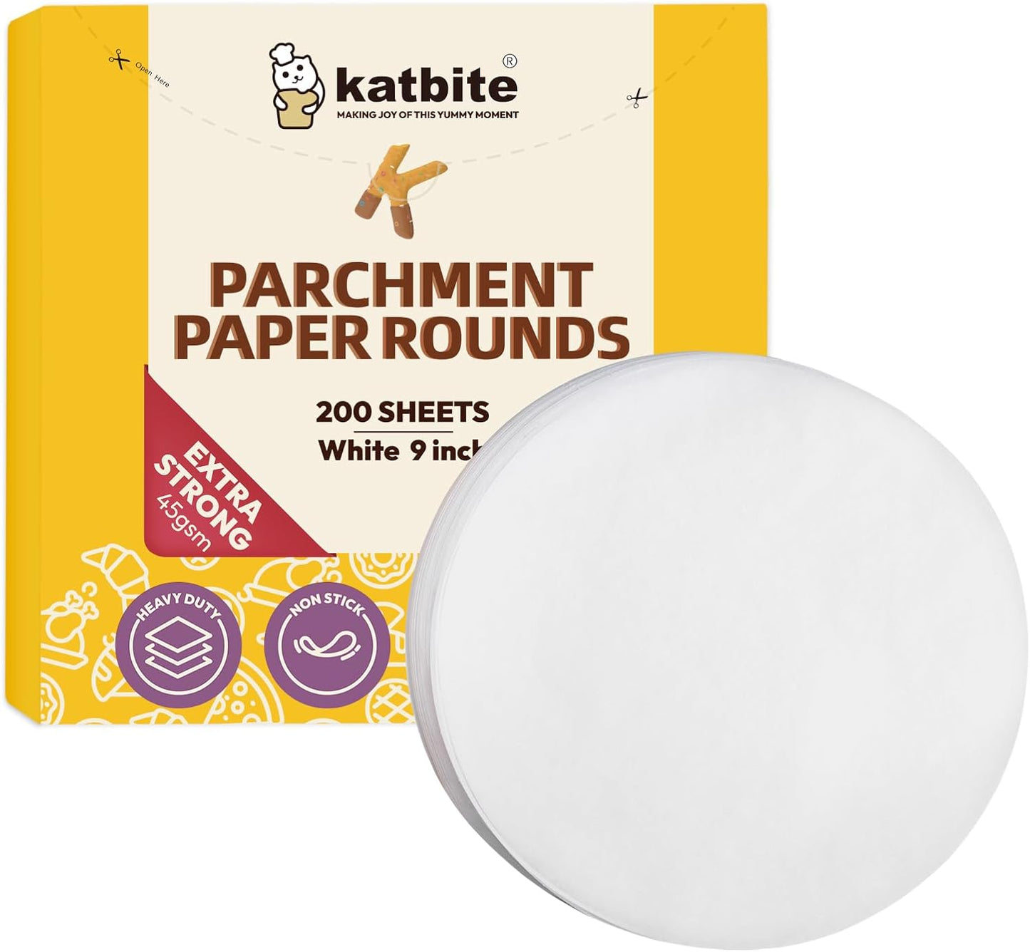 Katbite 9 Inch Parchment Paper Rounds, 200Pcs Cake Parchment Circles, Heavy Duty & Non-stick for Cake Baking, Air Fryer Liners, Tortilla Press