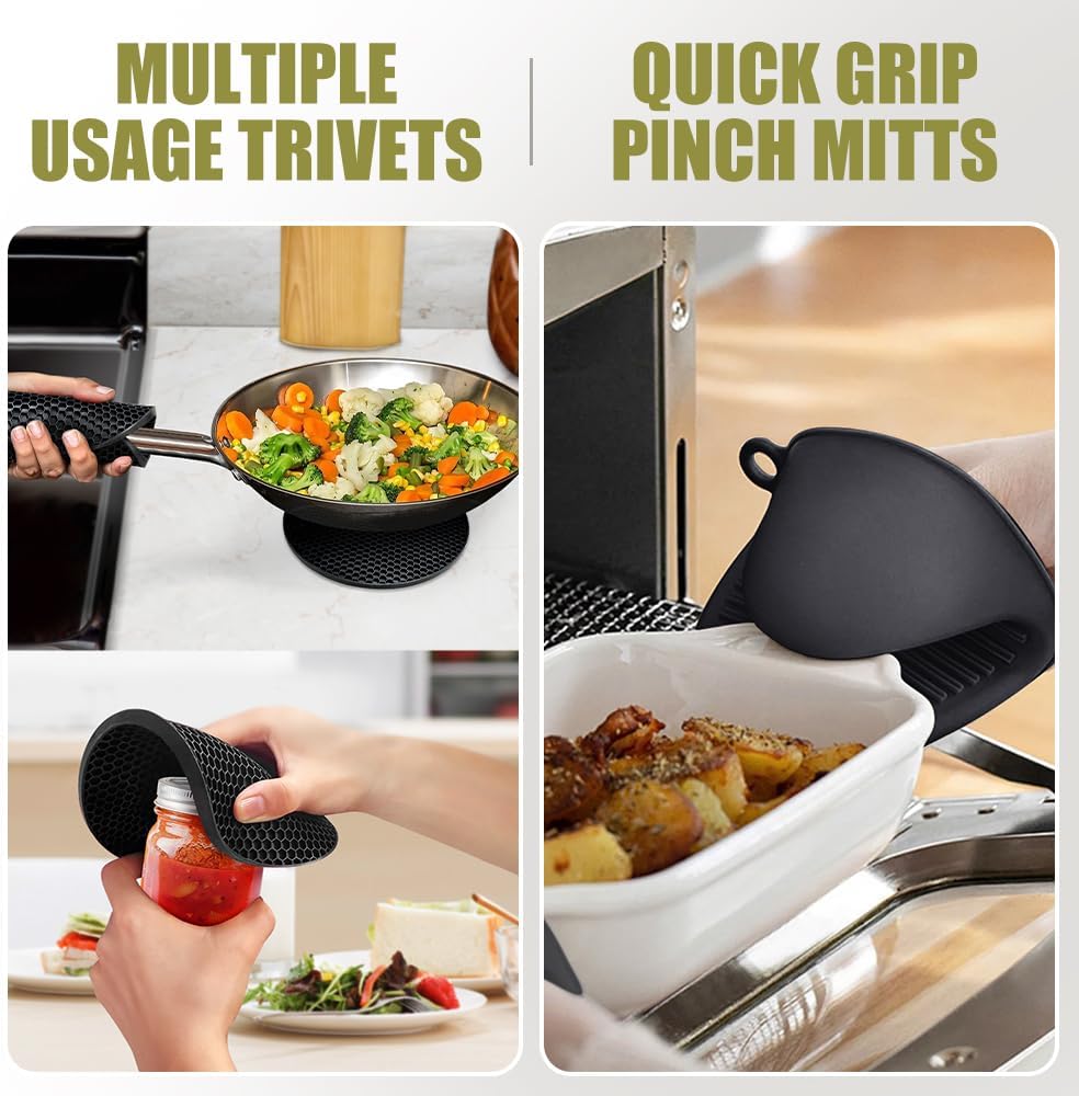 Rorecay 6pcs Oven Mitts and Pot Holders Sets Heat Resistant 500 Degrees, Extra Long and Non-Slip Silicone Oven Gloves Potholders Hot Pads for Kitchen Baking Cooking, Quilted Liner, Black