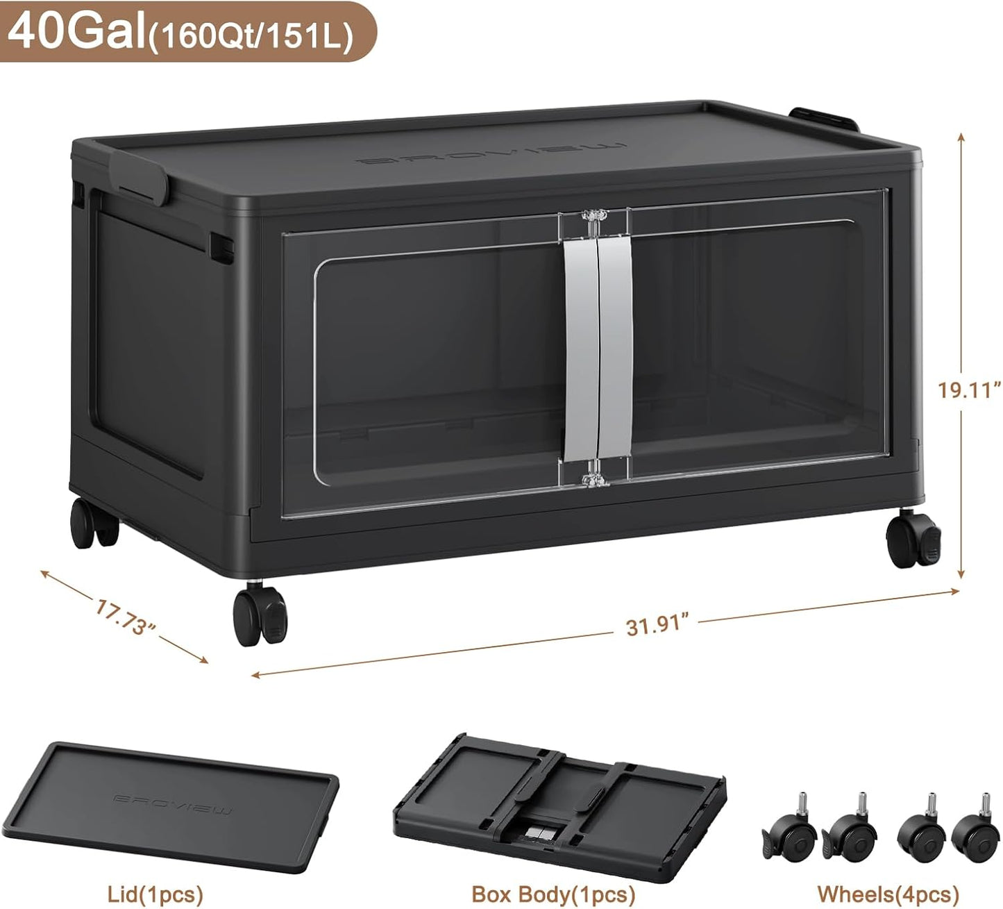 160QT Stackable Storage Bins with Lids, 40Gal Extra Large Collapsible Storage Box with Wheel, Plastic Storages with Clear Door Open Front for Home Bedroom Garage, Black-1pack