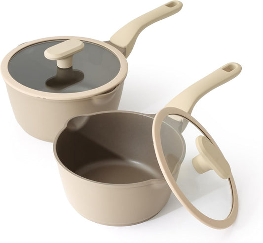 Nonstick Saucepan Set with Lids, 2QT and 2.7QT Sauce Pan Set, Non Toxic Sauce Pots with Pour Spouts for Multipurpose Use, PFOA Free, Induction Compatible Apricot