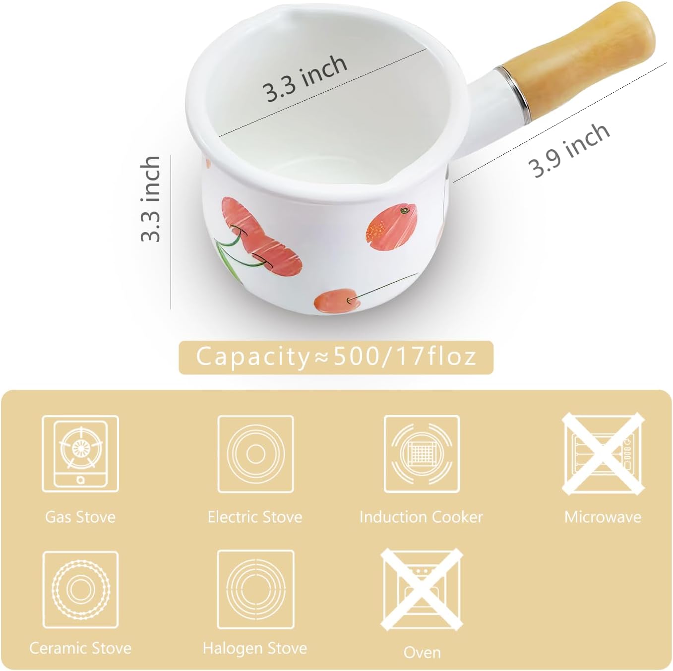 Enamel Milk Pot, Small Saucepan Butter Warmer 4 Inch 17 Oz with Wooden Handle for Heating Smaller Liquid Portions