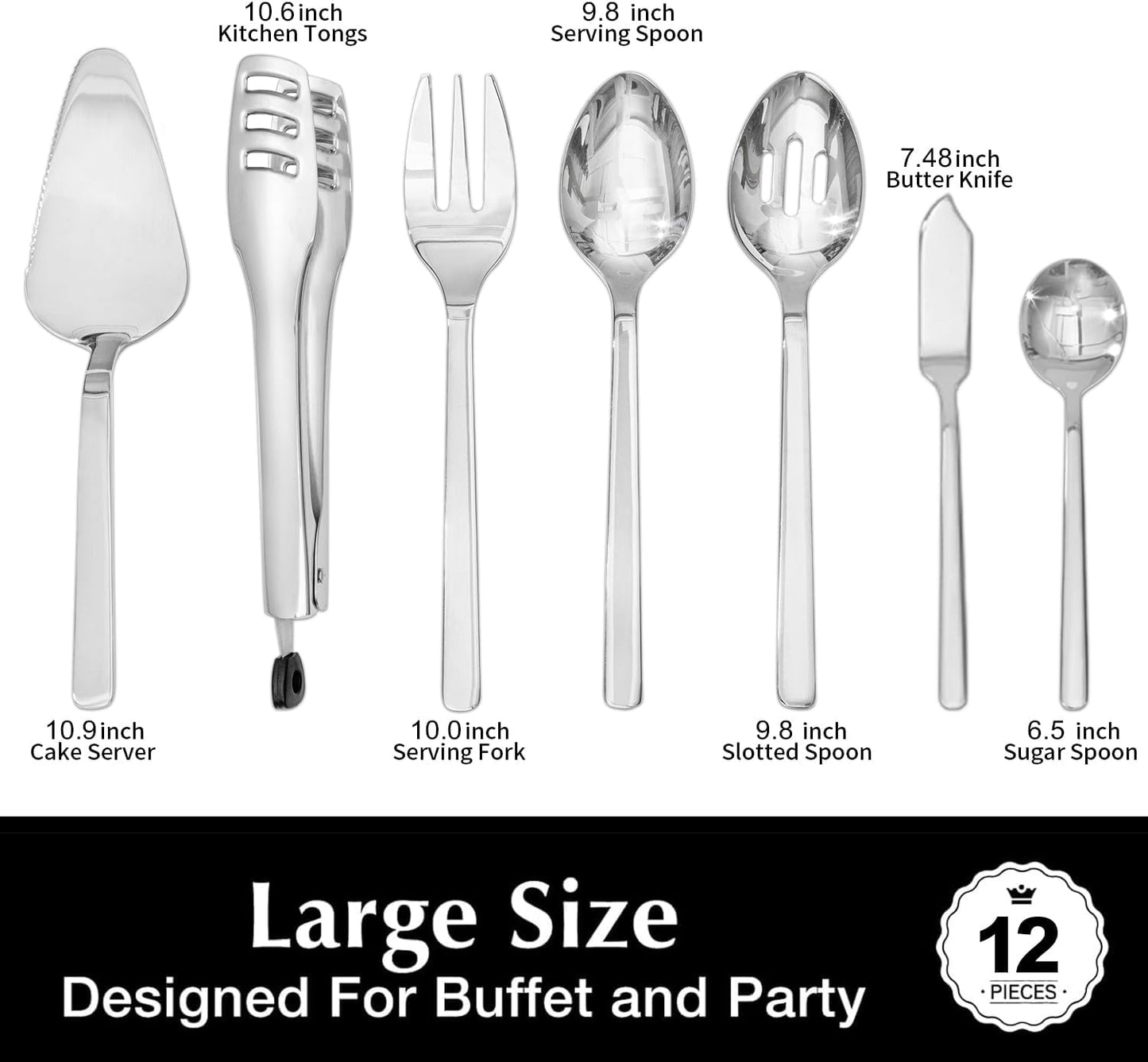 KINGSTONE Large Hostess Serving Utensils Set, 18/10 Stainless Steel -10 inch Serving Spoons, Slotted Spoons, Forks, Tongs, Cake Pie Server, Butter Knife, Sugar spoon for Buffet, Wedding, Party