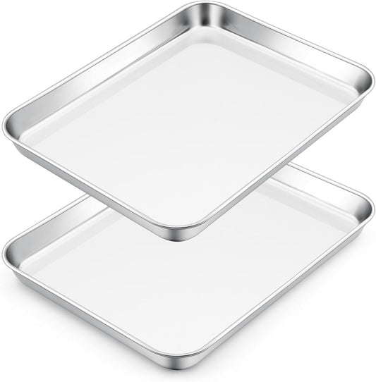 E-far Small Baking Sheet Set of 2, 10.5”x8.3” Stainless Steel Cookie Sheets Pans, Compact Non-toxic Metal Toaster Oven Trays for Cake, Healthy & Rust Free, Mirror Finish & Dishwasher Safe