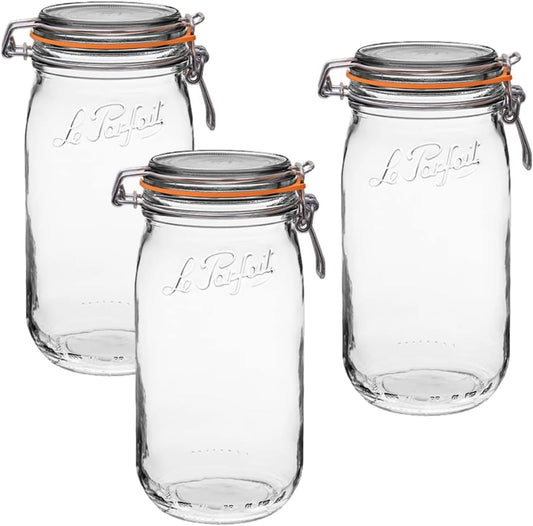 Le Parfait Super Jar - 1.5L French Glass Canning Jars w/Round Body, Wide Mouth, Airtight Lid - Clear Glass (48oz/Quart & Half, 3pk)