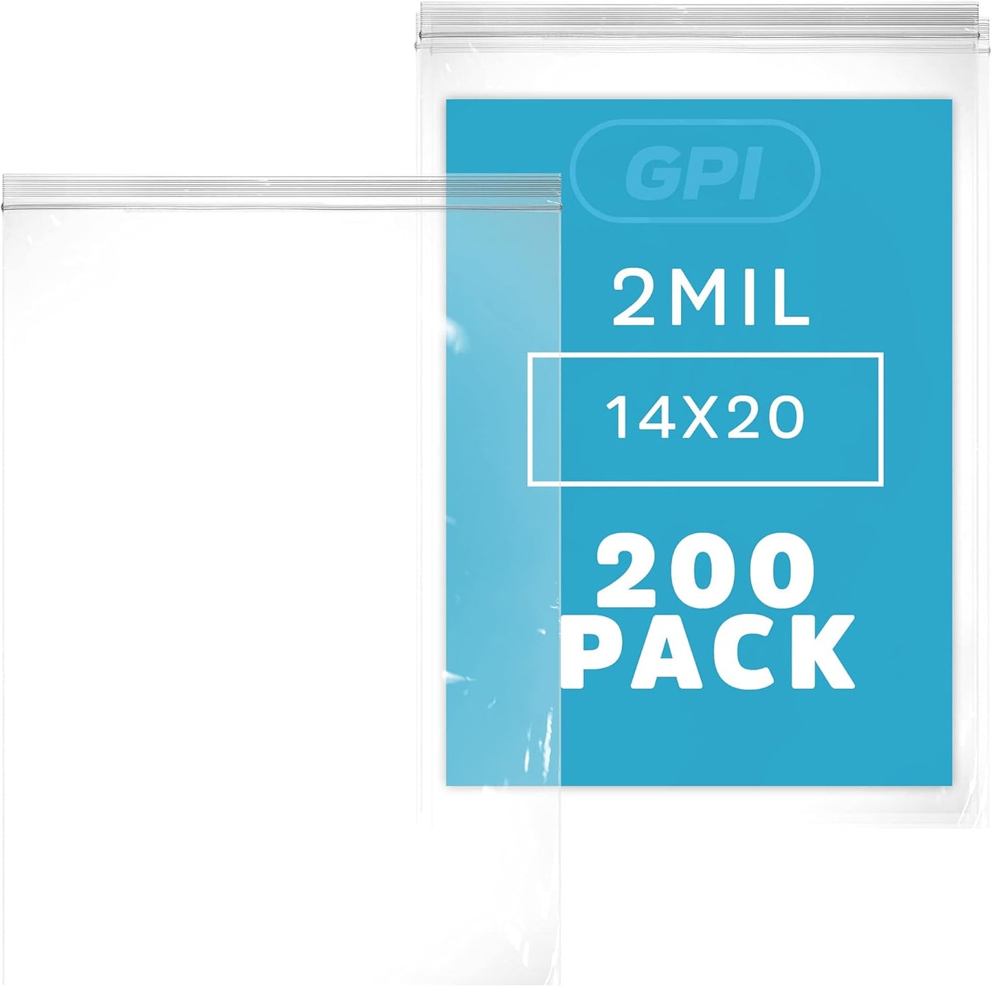 GPI Pack of 200, 14" X 20" Clear Plastic Reclosable Zip Bags - Bulk 2 Mil Thick Strong & Durable Poly Baggies with Resealable Zip Top Lock for Travel, Storage, Packaging & Shipping
