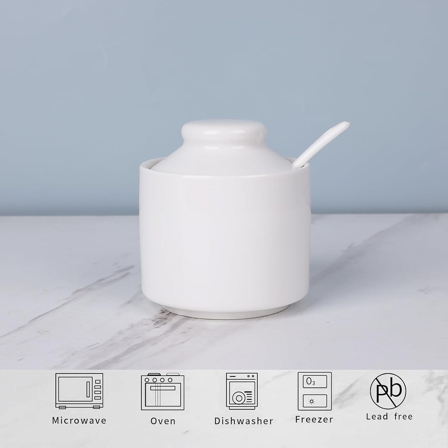 HAOTOP 8 oz Sugar Bowl with Lid and Spoon,Ceramic Sugar Jar Sugar Dispenser Sugar Container Coffee Bar Accessories, Kitchen Countertop Canisters (White)