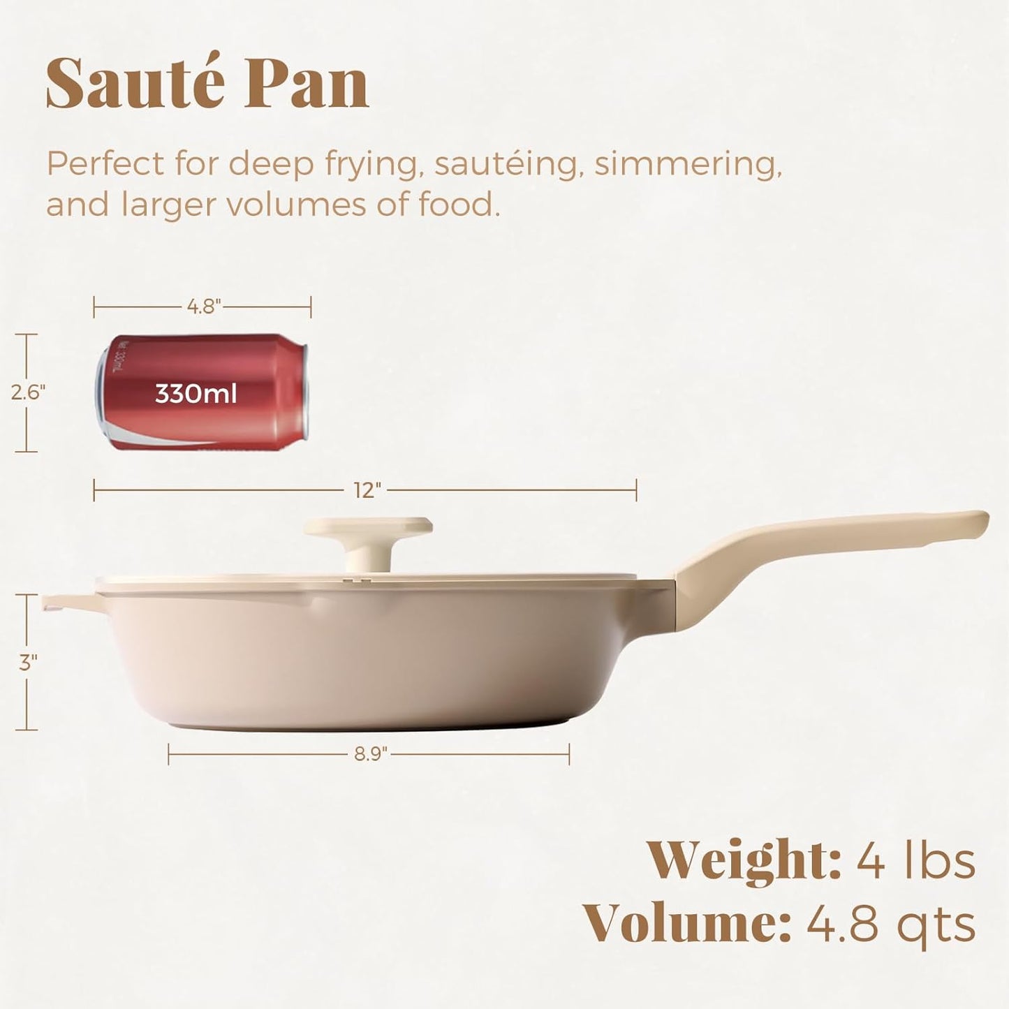 Nonstick Deep Frying Pan with Glass Lid, 12 Inch (4.8 qt), 5X Durable Nonstick Sauté Pan, Scratch & Stain Resistant, PFOA Free, Induction Compatible, Dishwasher & Oven Safe, Natural Linen