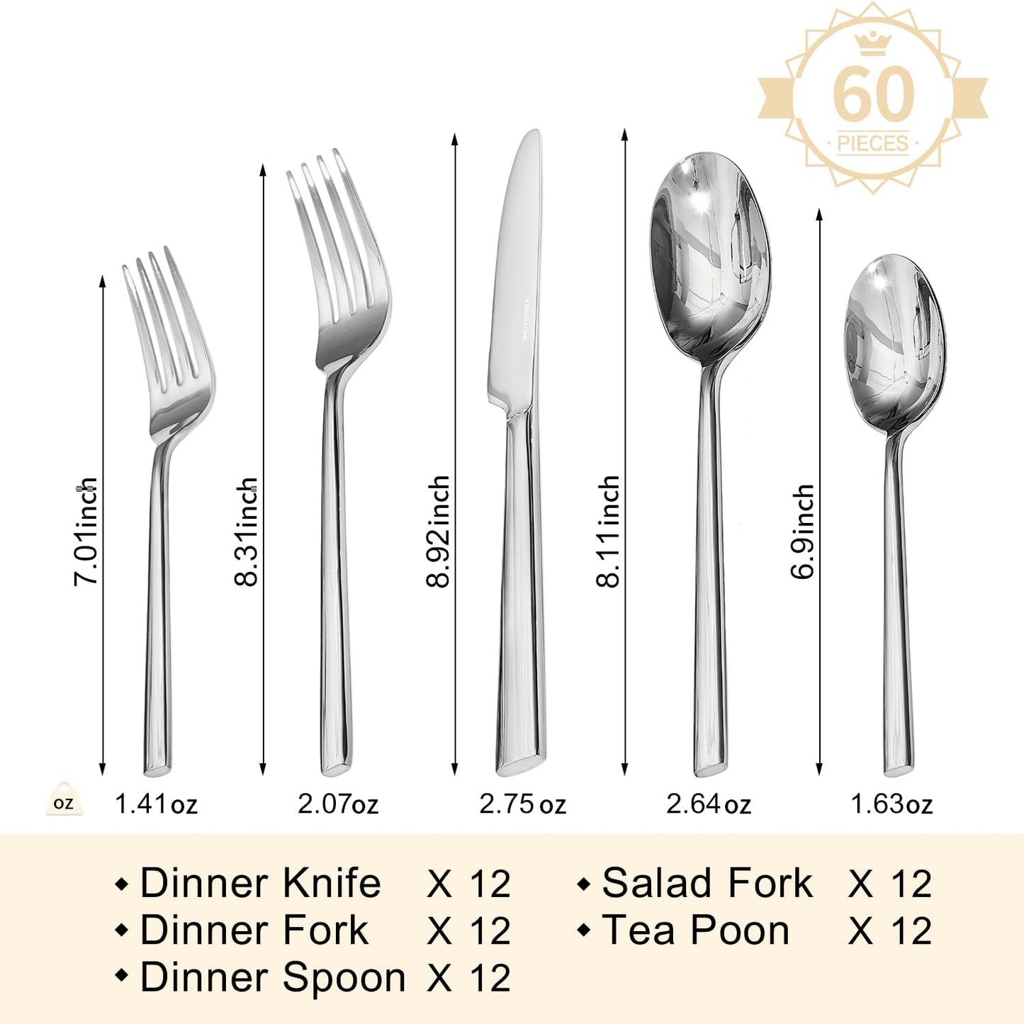 KINGSTONE Silverware Set, 60-Piece Forged Flatware Set Cutlery Set Premium Stainless Steel, Service for 12, for Kitchen, Home, Wedding, Party, Mirror Polished and Dishwasher Safe