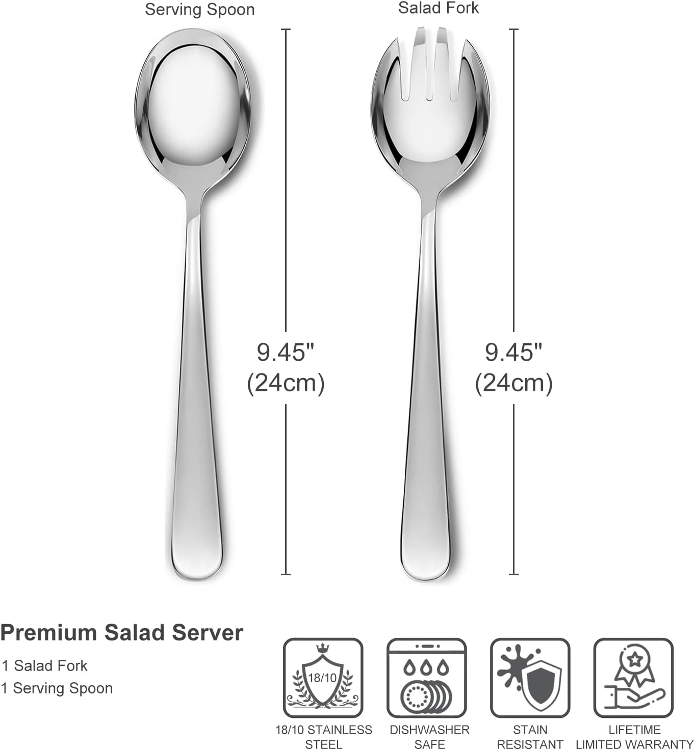 KEAWELL Premium 9.45" Louise Salad Servers, 18/10 Stainless Steel, Exceptional mirror finish, Dishwasher Safe (Salad Servers)