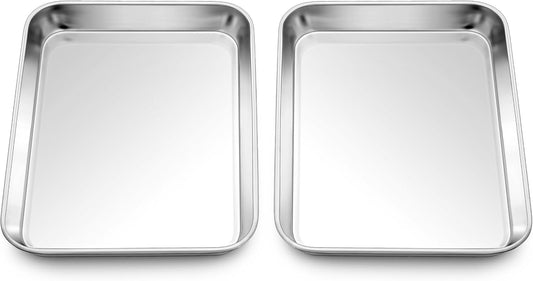 Homikit 2 Pack Baking Sheet, 9 x 7 Inches Stainless Steel Cookie Tray Set for Cooking Toasting, Mini Metal Cookie Toaster Oven Baking Pan Non Stick, Rustproof & Mirror Finish, Dishwasher Safe