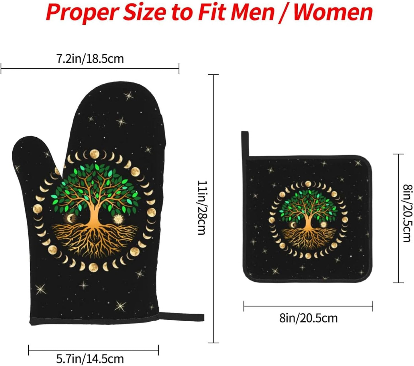 Black Oven Mitts and Pot Holders Sets of 3 Heat Resistant Hot Pads Ancient Life Tree Decorative Oven Gloves for Cooking Grilling Baking Kitchen Moon Luna Hippy Decor