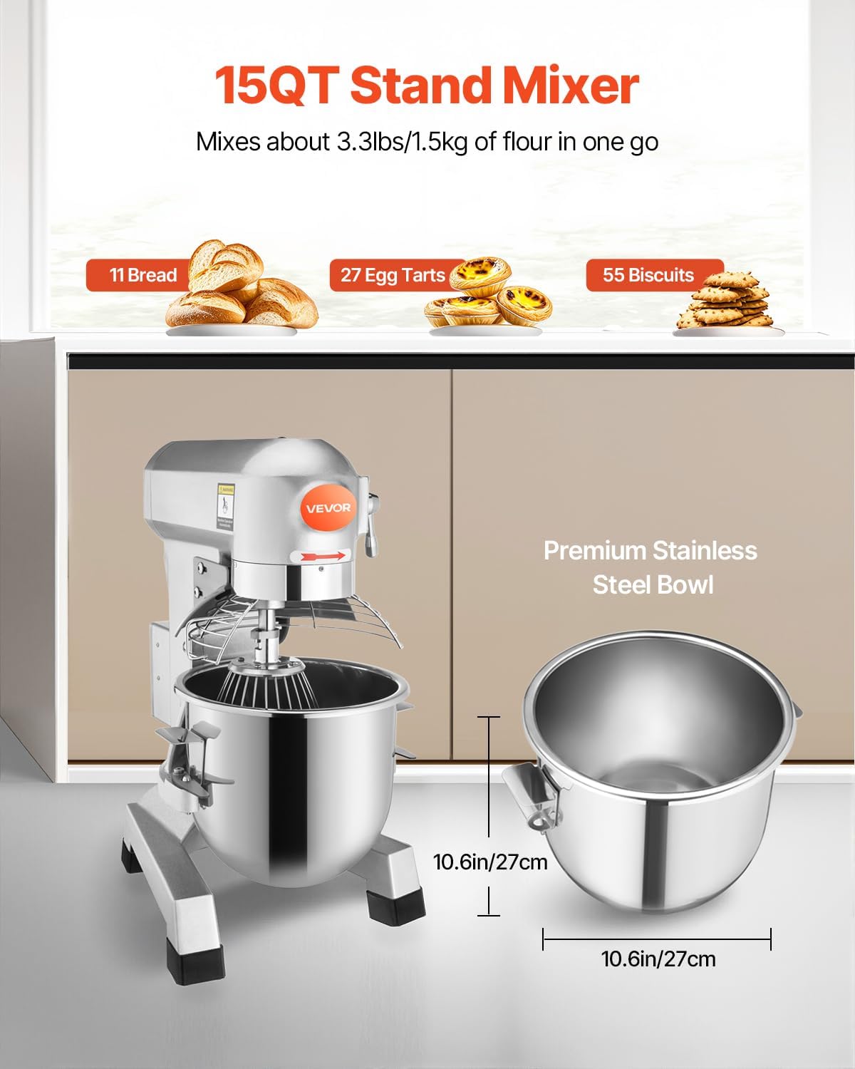 Happybuy 15Qt Commercial Food Mixer with Timing Function， Commercial Mixer 600W Stainless Steel Bowl Heavy Duty Electric Food Mixer Commercial with 3 Speeds Adjustable, Perfect for Bakery Pizzeria