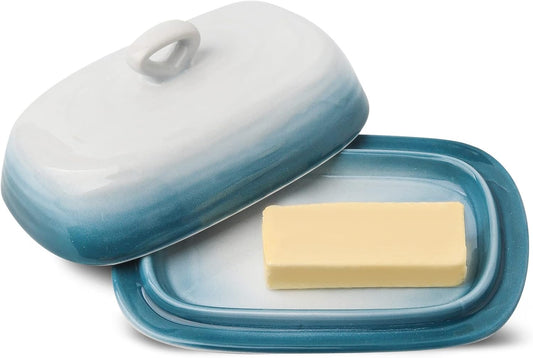 Hasense Butter Dish with Lid for Countertop, Ceramic Butter Holder with Handle Perfect for East West Coast Butter, Porcelain Covered Butter Tray Container with Lid for Butter Storage, Dark Blue