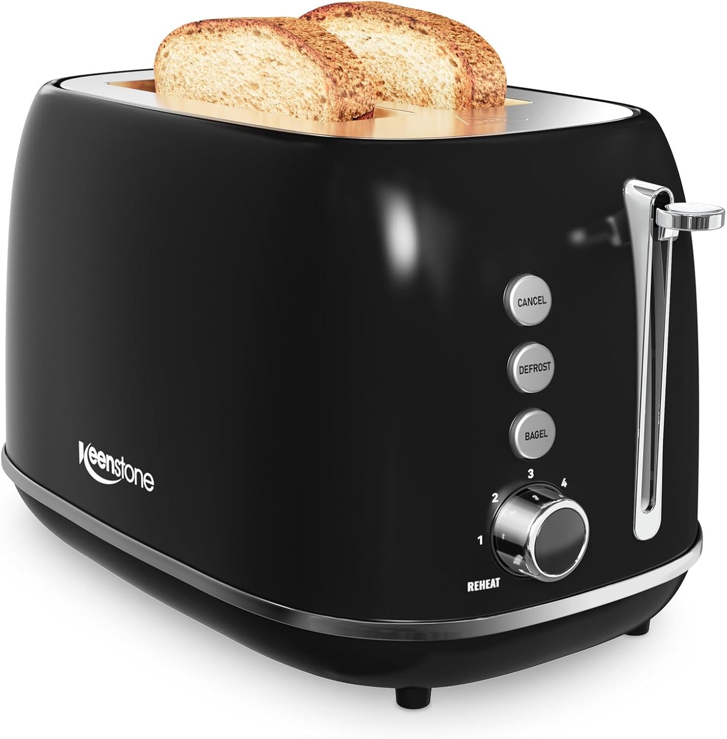 Retro Stainless Steel 2 Slice Toaster - Bagel, Cancel, Defrost Functions, 6 Shade Settings, Extra Wide Slot, Removable Crumb Tray (Black)
