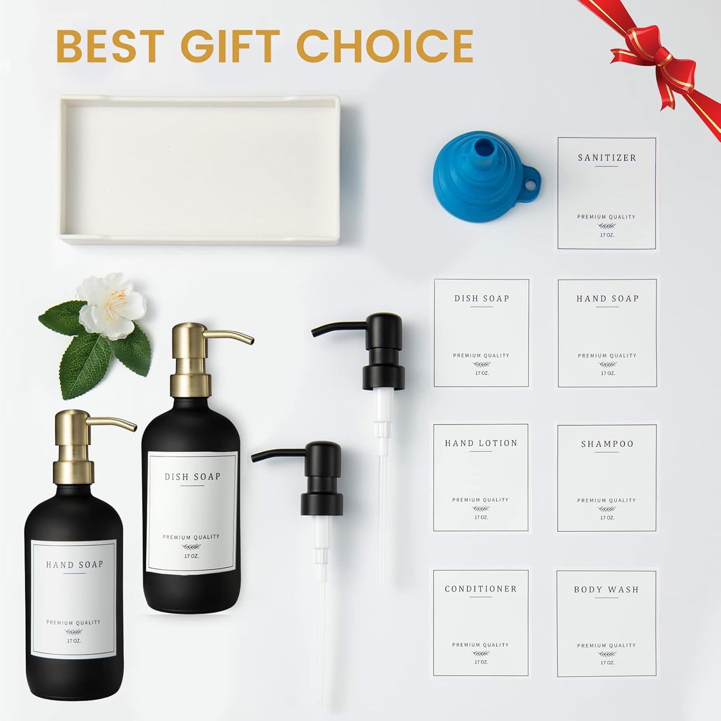 Glass Soap Dispenser for Kitchen, Farmhouse Dish Soap Dispenser&Hand Soap Dispenser Set,Rustproof Pump Lotion Dispenser Bathroom with Tray,Waterproof Label for Kitchen Decor(Black