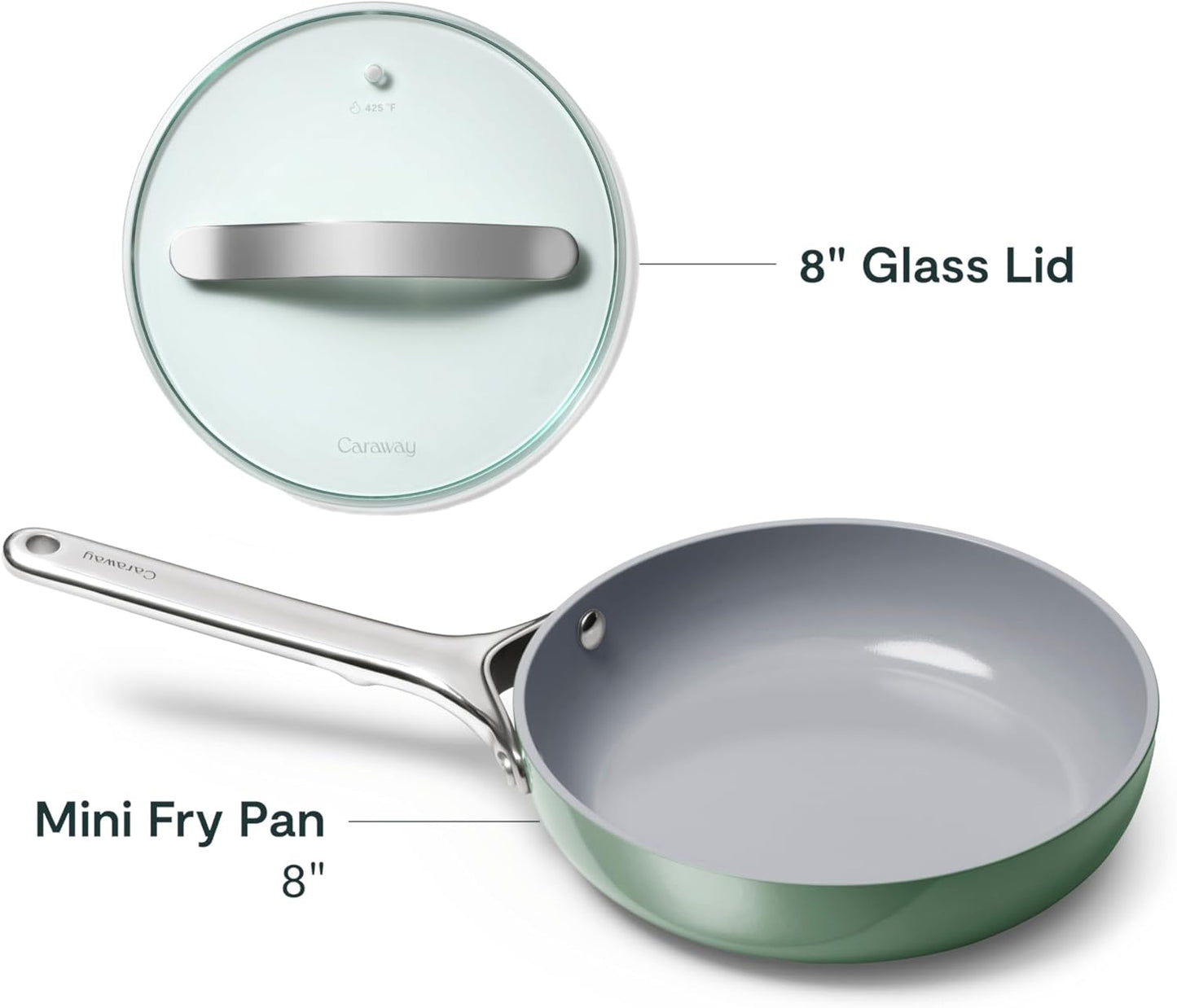Caraway Nonstick Ceramic Mini Fry Pan With Glass Lid (1.05 qt, 8") - Non Toxic, PTFE & PFOA Free - Oven Safe & Compatible with All Stovetops (Gas, Electric & Induction) - Sage