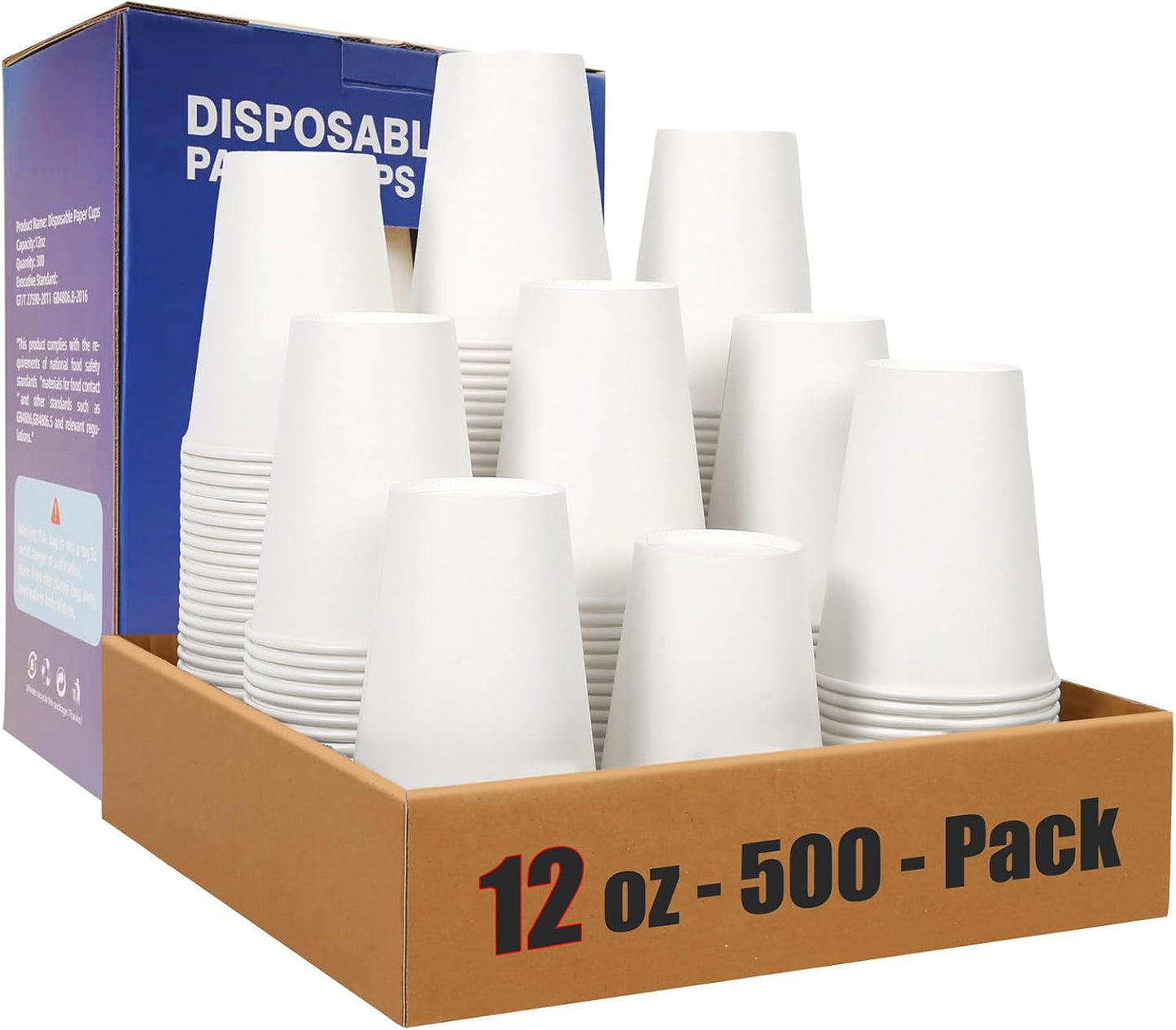 Disposable Coffee Cups 12 oz (500 Count), Paper Cups 12 oz bulk, Ideal for Hot Drinks, Coffee(white)