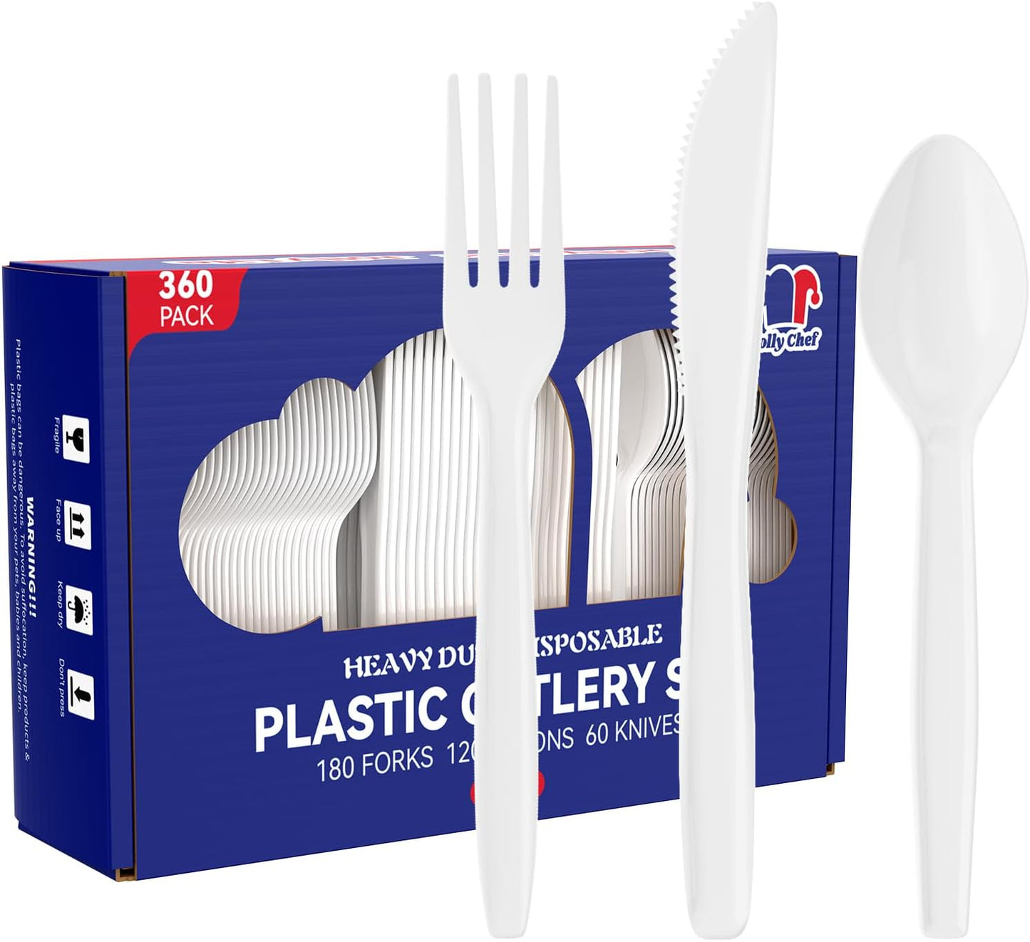 JOLLY CHEF 360 Count White Plastic Silverware Heavy Duty, 180 Forks, 120 Spoons, 60 Knives, Heat Resistant, BPA Free, Plastic Utensils Set, Disposable Cutlery set, Premium Clear Utencils