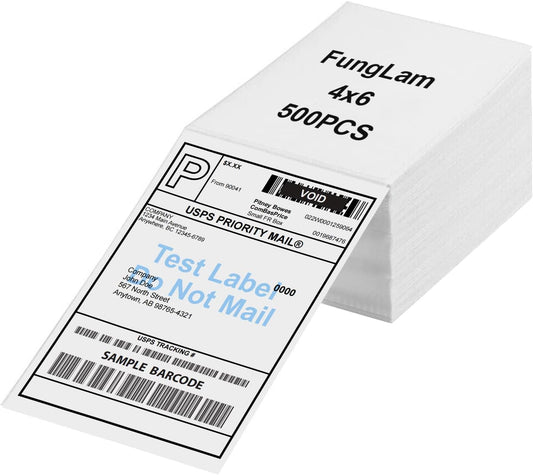 FungLam 4"x6" Thermal Shipping Labels, Fanfold 4"x6" Thermal Labels, Shipping Mailing Address Labels for iDPRT, Munbyn, Polono, Rollo Direct Thermal Printer, 500 Labels