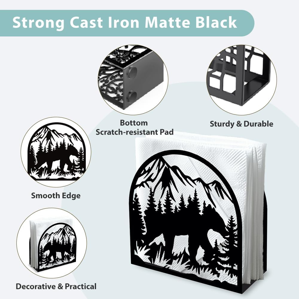 Forest Animals Mountain Decorative Black Metal Napkin Holder for Table, 4.9" x 4.9" x 1.9" Bear Standing Napkin Holder for Home Kitchen Restaurant Picnic Party Coffee Bar Dining Room