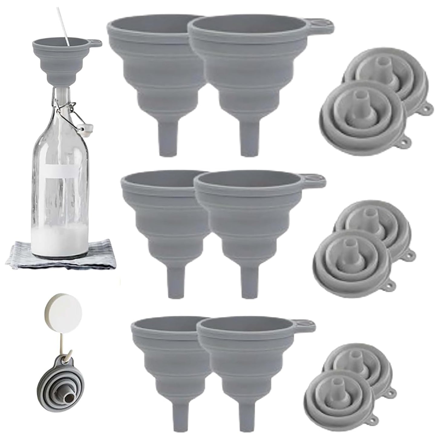 Kitchen Funnel Set, 2025 Upgrade Silicone Collapsible Funnel Silicone Collapsible Food Funnels for Kitchen 3 Sizes Funnels for Home Use Filling Bottles Daily Cooking (Grey, 2Set 11+14+20g)