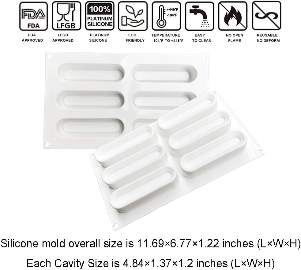 OCPO KITCHEN Eclair Silicone Mold for Baking Mousse Cake, French Dessert, Pastry, Chocolate, Ice Cream, Cake Decoration Mold, 3D Concave Eclair Shape (6-Cavity)