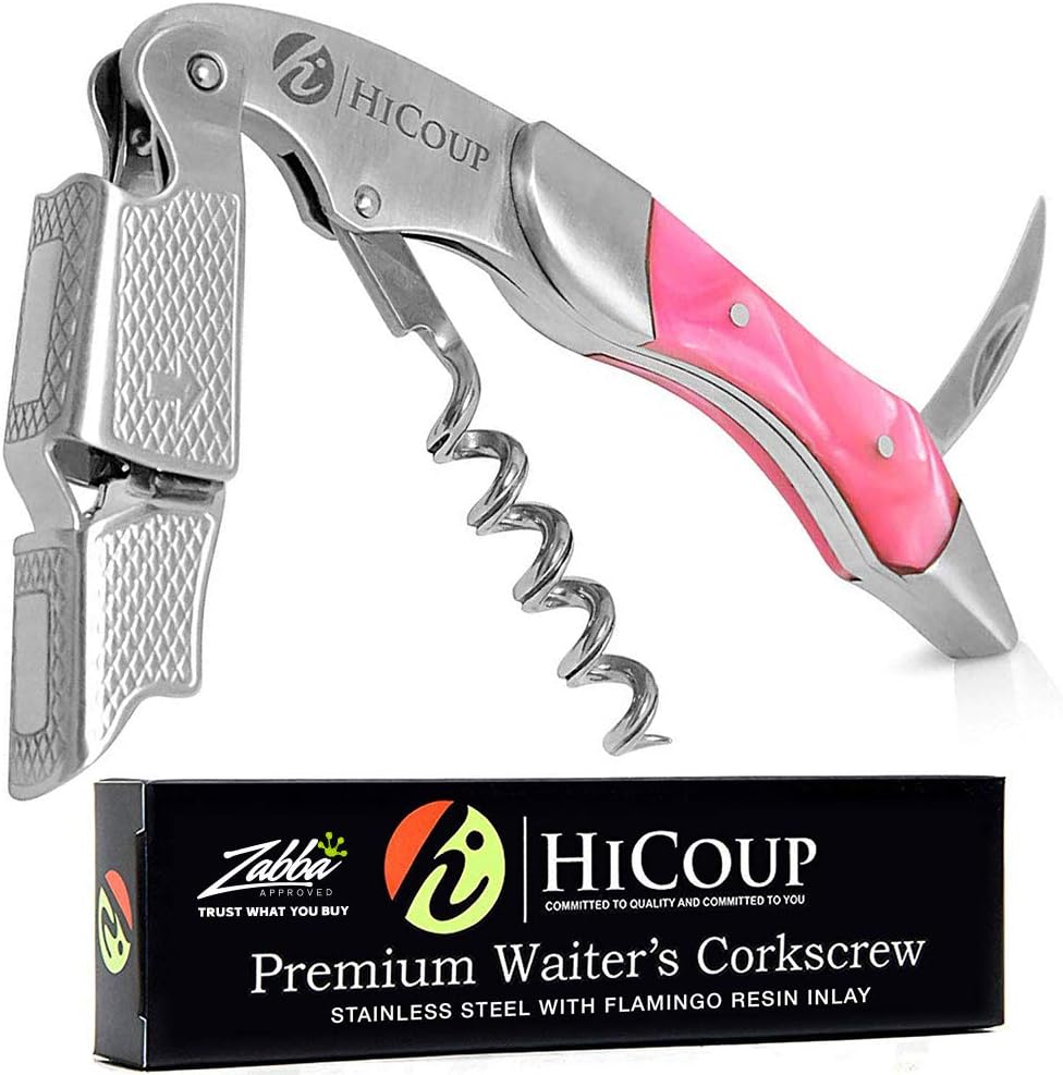 Hicoup Wine Opener - Professional Corkscrews for Wine Bottles w/Foil Cutter and Cap Remover - Manual Wine Key for Servers, Waiters, Bartenders and Home Use - Stainless Steel With Flamingo Resin Inlay