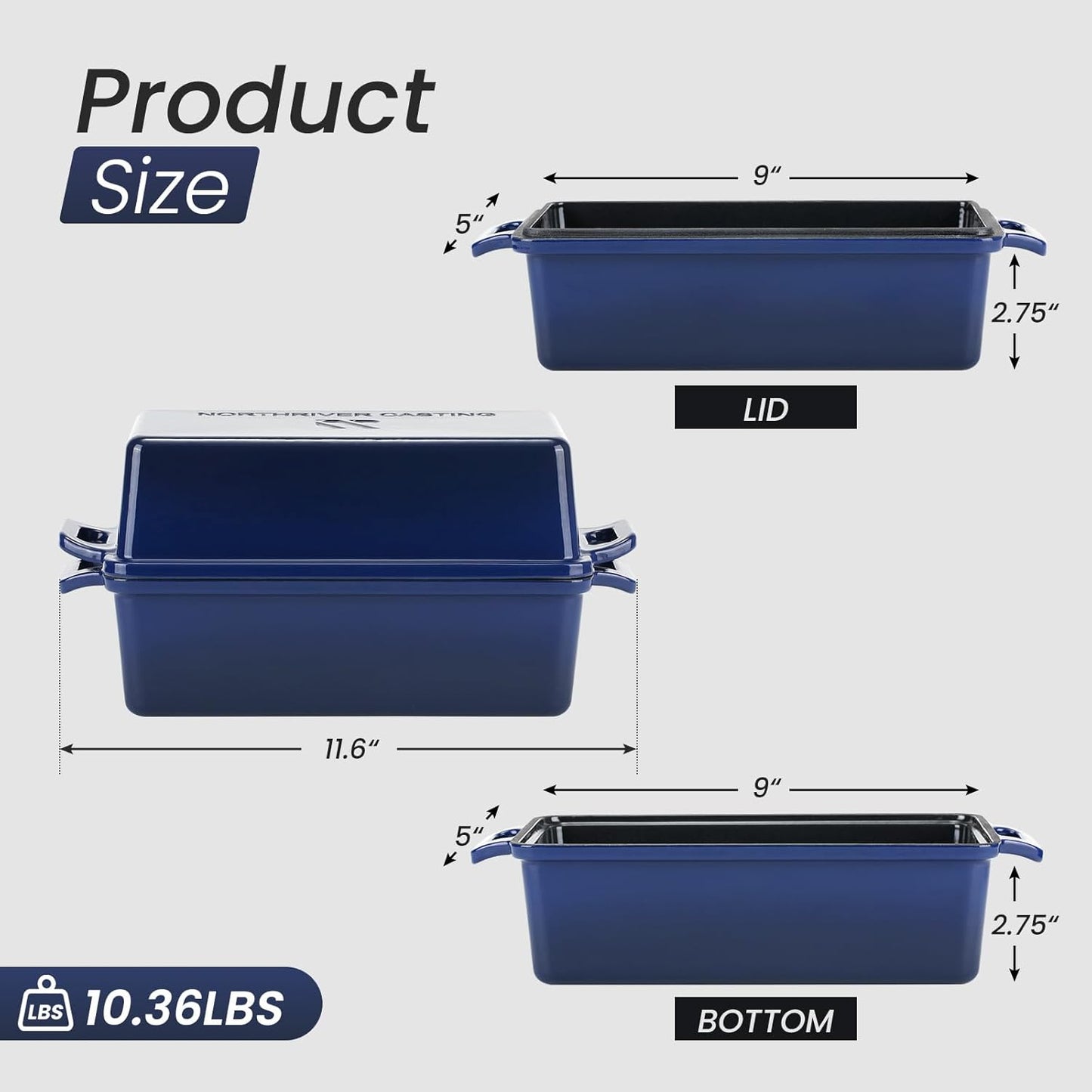 2 in 1 Enameled Cast Iron Bread Pan with Lid, Perfect Bread Oven, Loaf Pans for Baking Homemade Sourdough Bread 9x5, 2 Piece set, Navy Blue