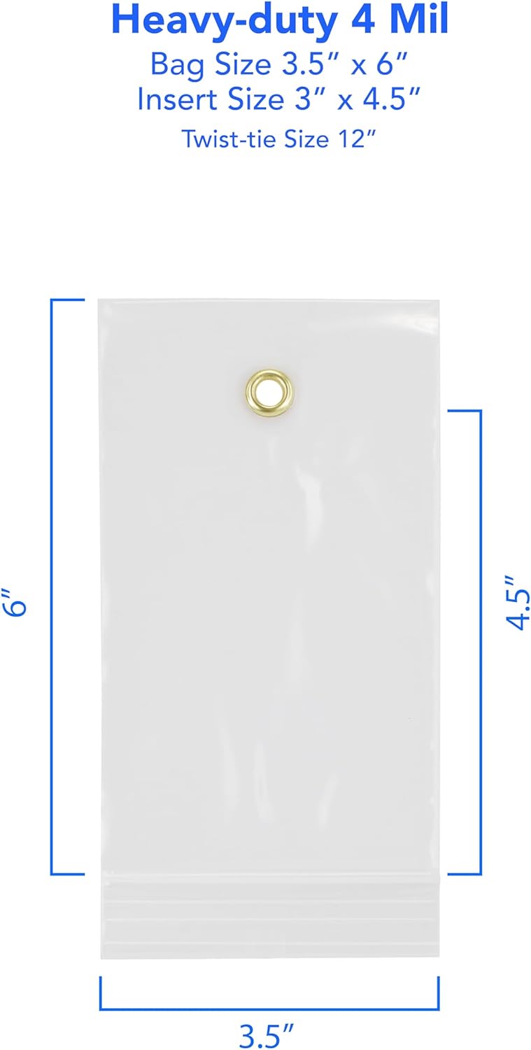 GPI - 3.5" x 6" Reclosable Zip Bags with Bottom Hang-hole & Pre-inserted 12" Twist-tie. 4 Mil Heavy-duty Resealable Zipper Baggy with Grommet/Metal Eyelet for Hanging (Insert Size 3x4.5) 500 Pack