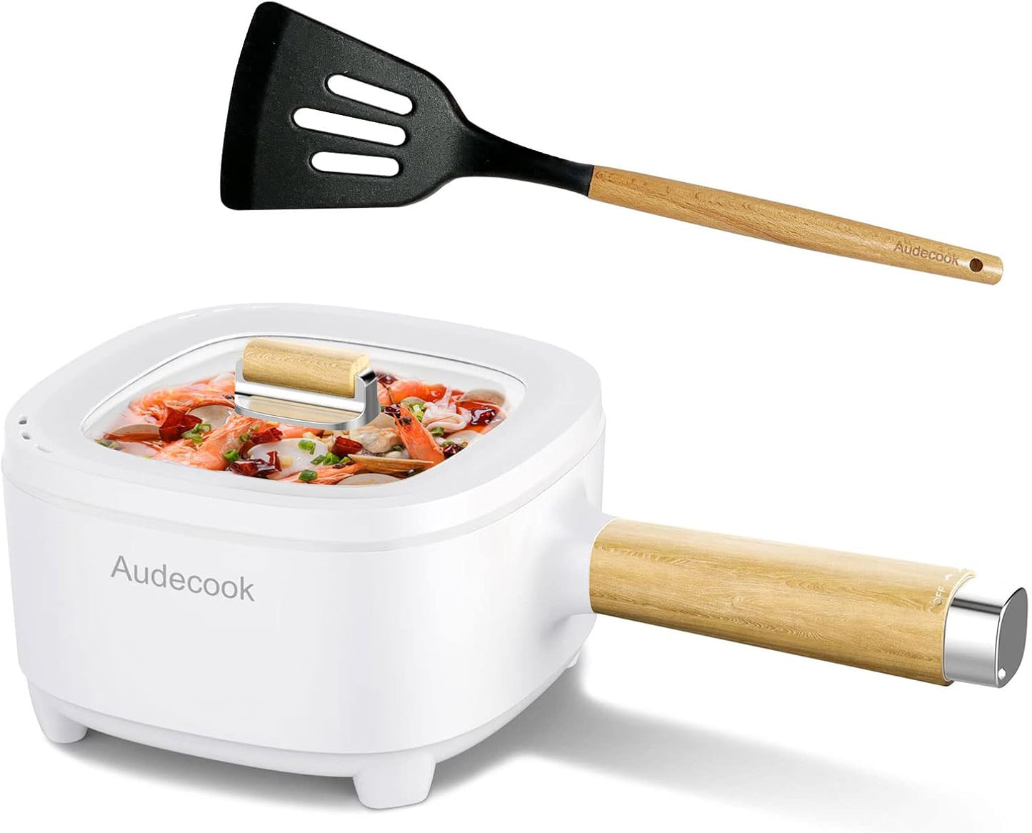 Audecook Hot Pot Electric 2L, Cermic Glaze Non-Stick Frying Pan 8 Inch, Portable Travel Cooker for Ramen/Steak/Fried Rice/Oatmeal/Soup, with Dual Power Control (Silicone Spatula Included)