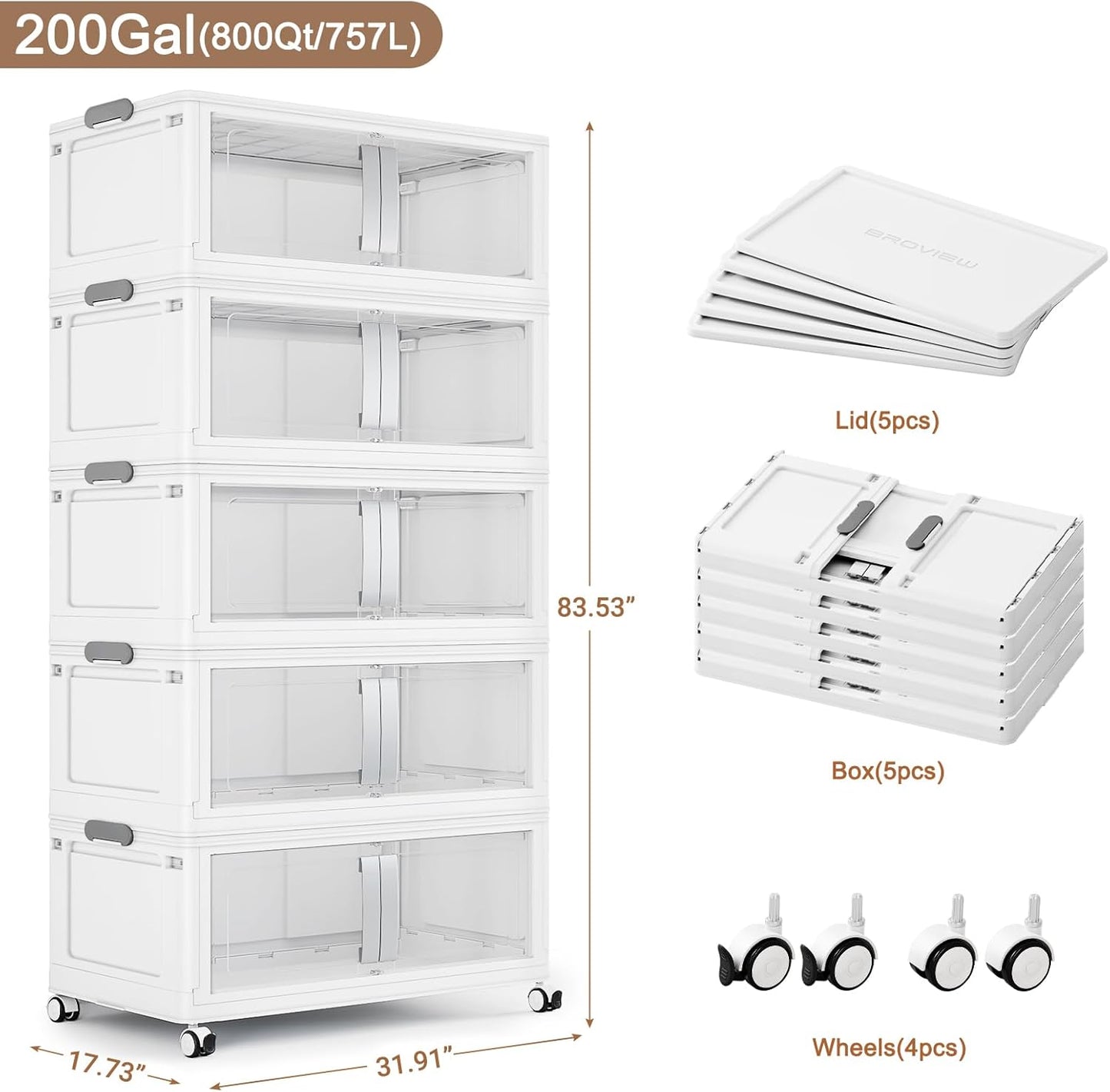800QT Stackable Storage Bins with Lids, 200Gal Extra Large Collapsible Storage Box with Wheel, Plastic Storages with Clear Door Open Front for Home Bedroom Garage, White-5pack(5 lids)