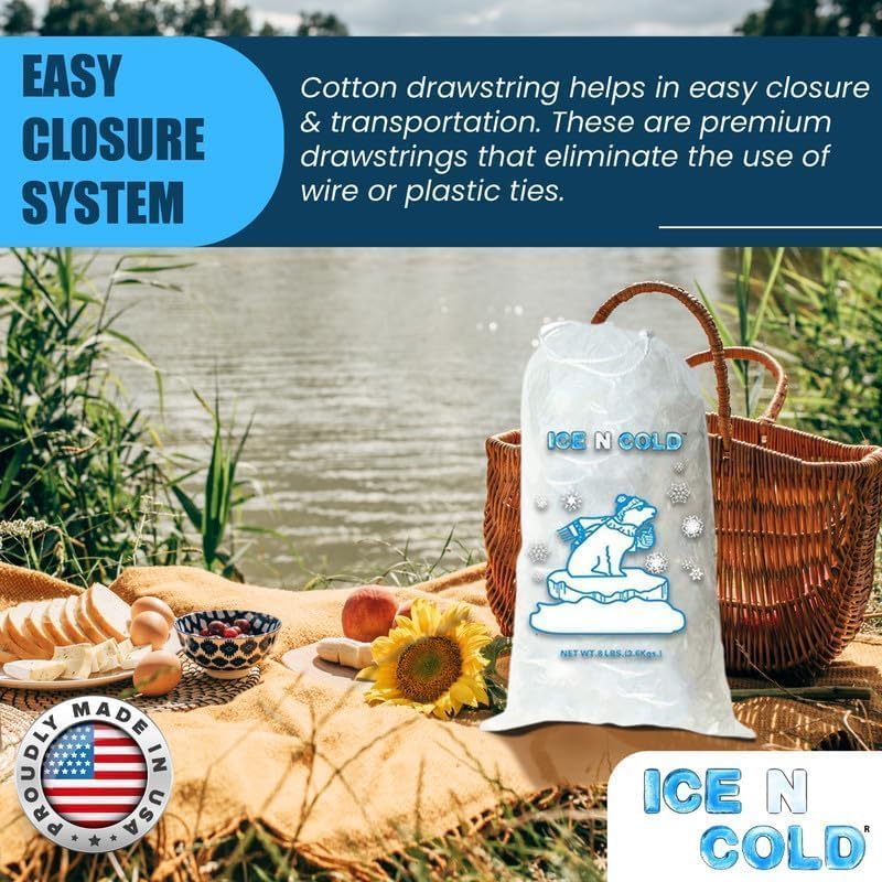 Ice Bags with Drawstring Closure | 20lb, 200ct/cs | 50 mic Thickness | Portable Storage and Freezer Keeper