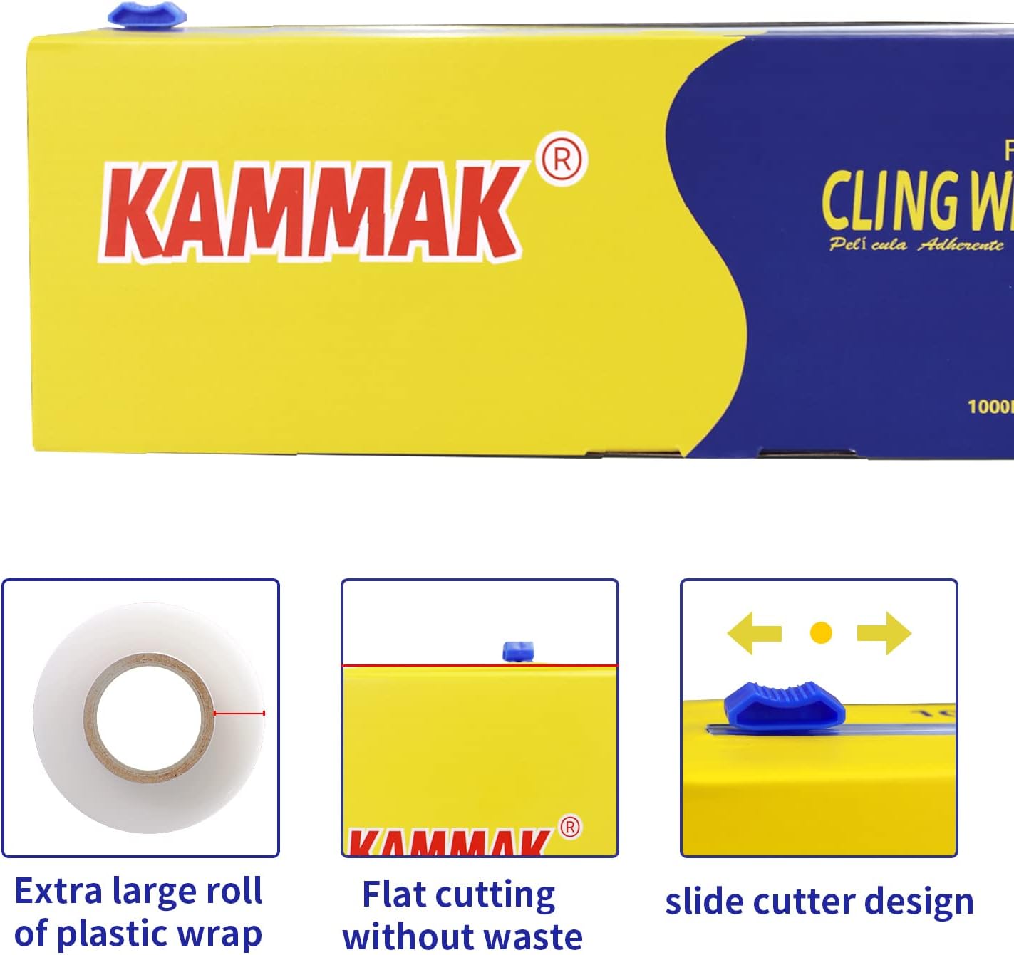 KAMMAK Plastic Wrap with Slide Cutter - 12 Inch Food Service Cling Film Roll - Clear Refillable Stretch Film - 1000 SQ FT Wrap - Bulk Quick Cut for Restaurant, Kitchen