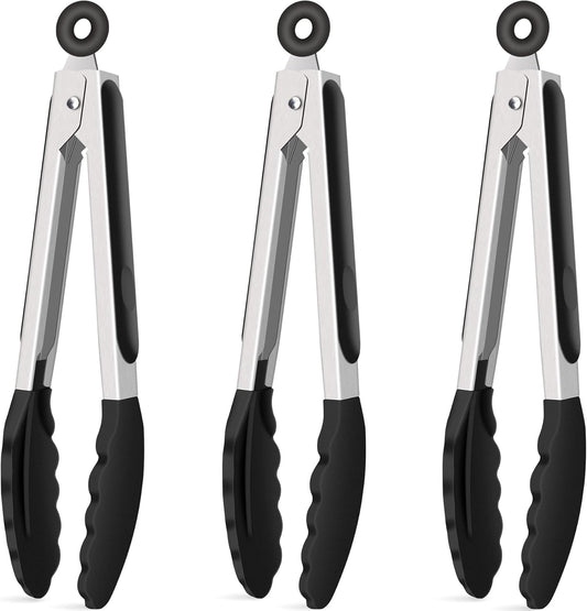 Hotec Silicone Kitchen Tongs for Cooking 9-Inch Serving Tongs with Silicone Tips, Set of 3 (Black)