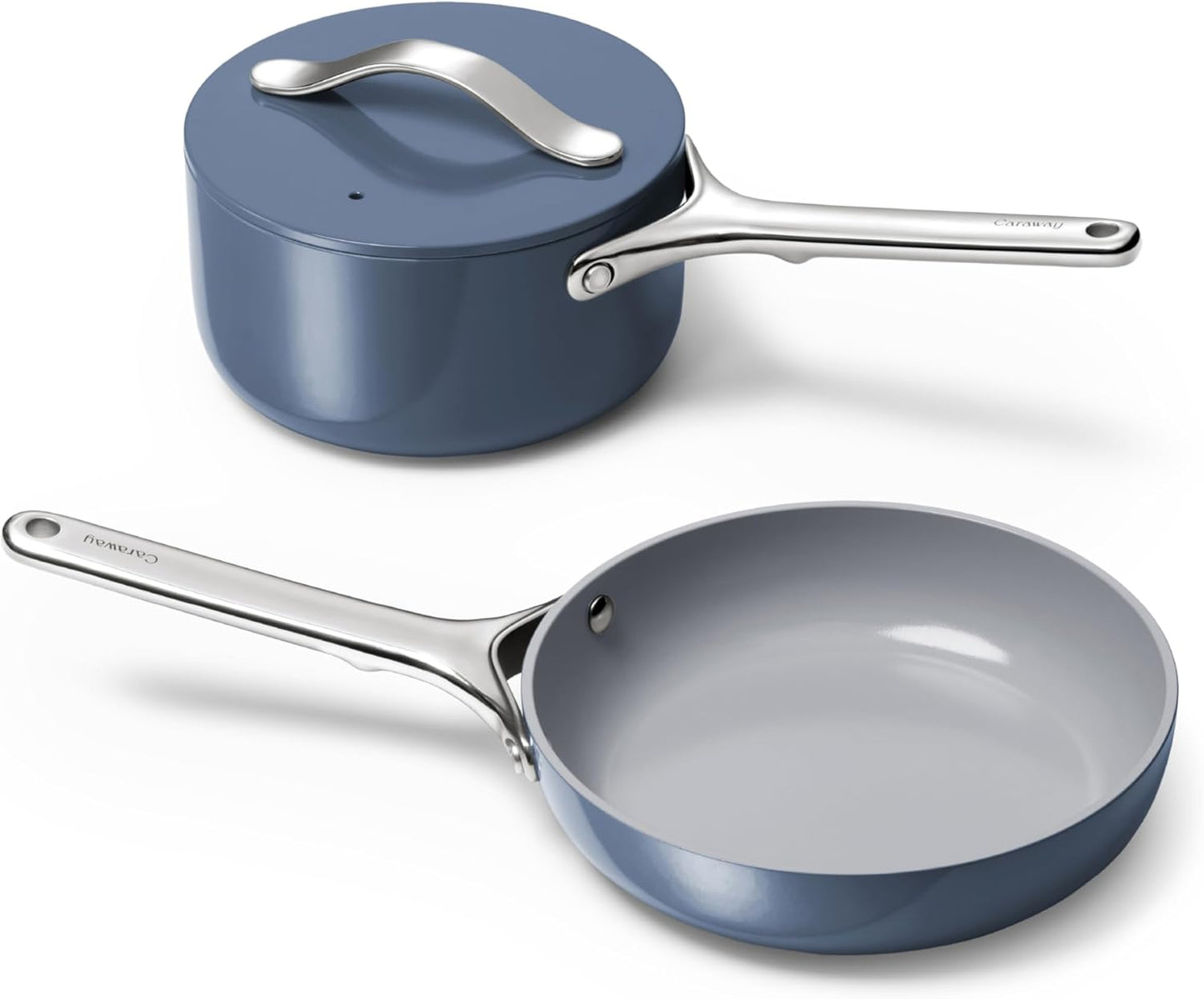 Caraway Mini Cookware Set - Non-Stick Ceramic Fry Pan (1.05 qt, 8") Sauce Pan (1.75 qt) & Storage Rack - Non Toxic, PTFE & PFOA Free - Oven Safe & Stovetop Agnostic (Gas, Electric & Induction) - Navy
