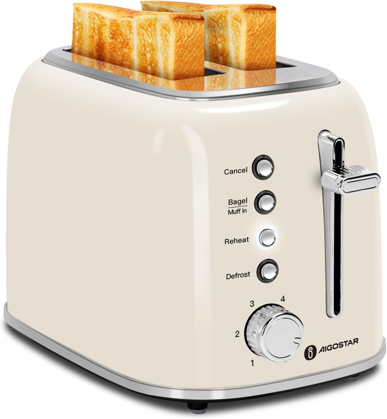 Aigostar Toaster 2 Slice, Retro Extra-Wide Slot Toasters Best Rated Prime for Toasting Bagels, Breads, Waffles & More, Cancel, Defrost & 6 Browning, Removable Crumb Tray, Stainless Steel, Cream White