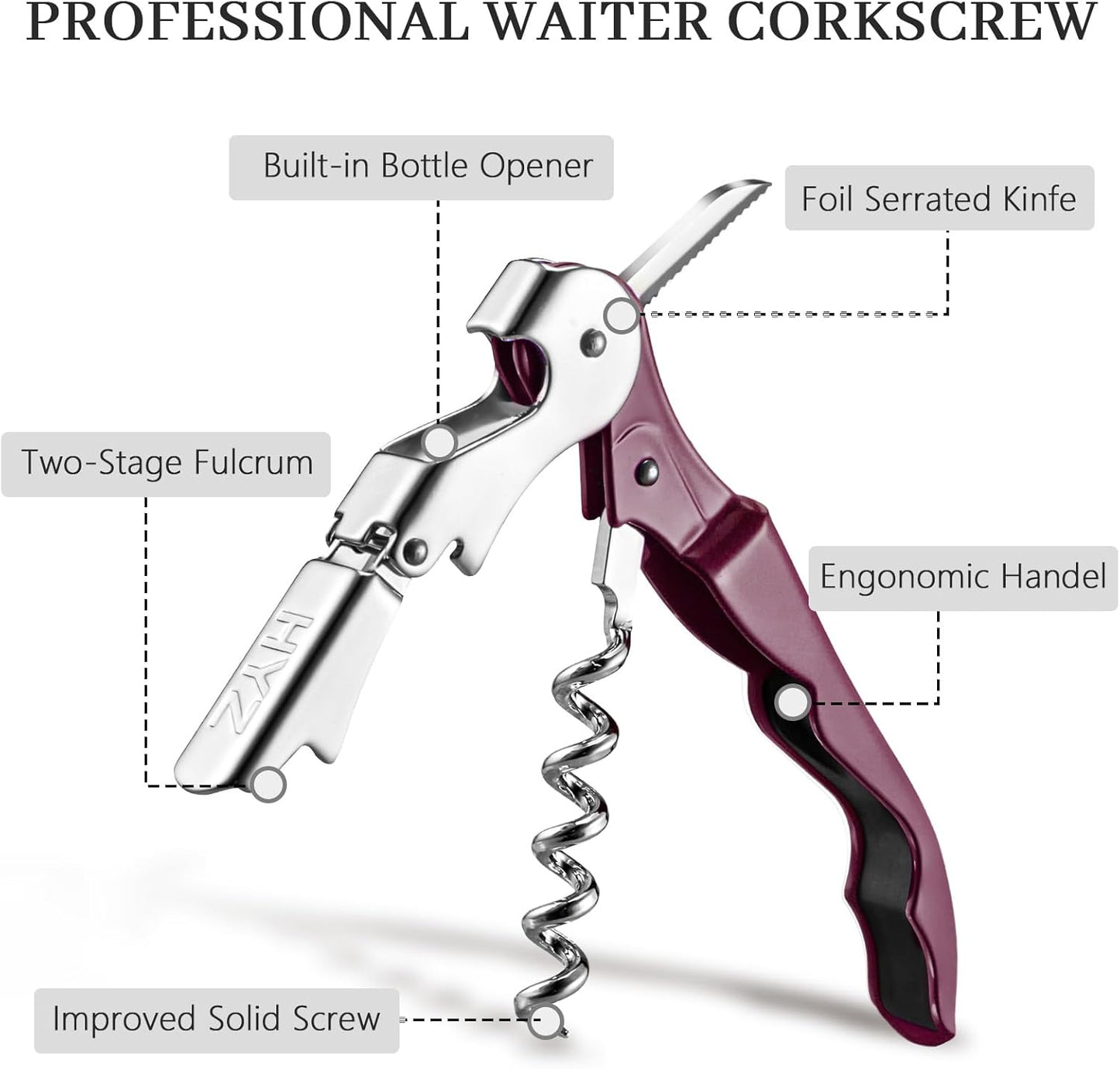 HYZ 2-Pack Wine Opener Waiter Corkscrew, Professional Wine Key for Servers, Bartender with Foil Cutter, Manual Wine Bottle Opener Double Hinged (Burgundy)