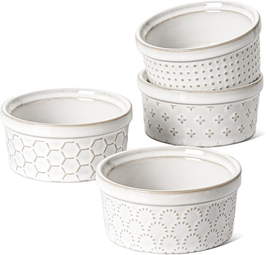 LE TAUCI Ramekins 4 oz Oven Safe for Creme Brulee, Charcuterie Boards Bowls for Souffle, Small Sauce Bowl, Ceramic Baking Dishes - 3.8 inch, Set of 4, Arctic White