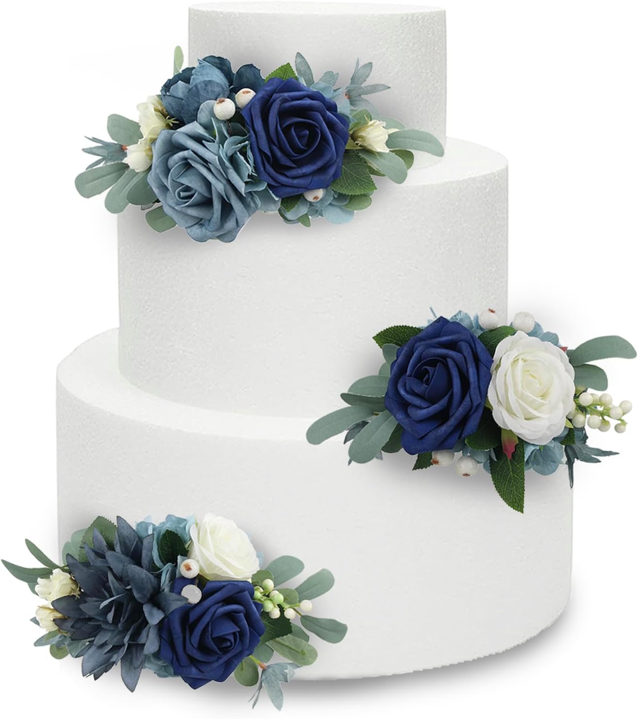 Rinlong 3Pcs Pre-made Cake Toppers Navy Blue Flowers Cake Decorations Wedding Cake Decorating Flowers Decor Birthday Baptism Party Cake Toppers