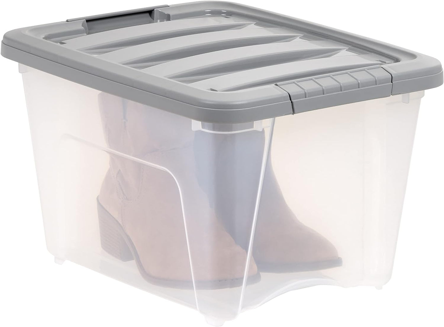 Amazon Basics Plastic Storage Containers with Secure Latching Lids, Stackable Organization Bins, Clear/Grey, 19 Quart, Set of 6