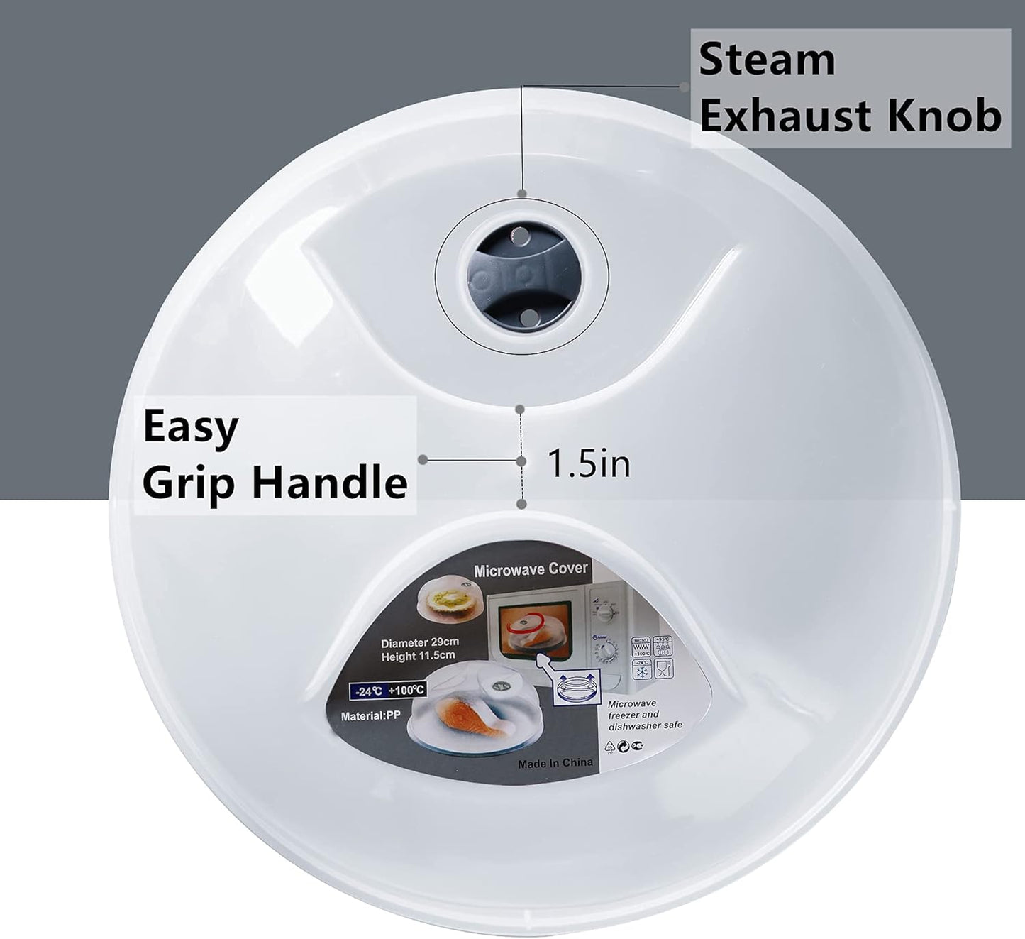 Microwave Splatter Cover for Food Large Microwave Plate Cover Guard Lid with Steam Vents, 1.5 Inch BPA Free & Dishwasher Safe-Grey