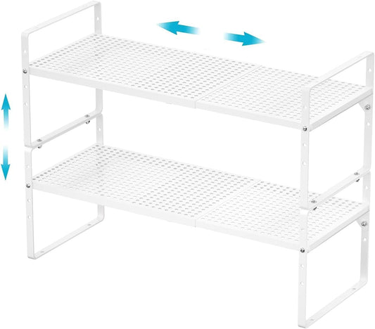 iPEGTOP Expandable Cabinet Storage Shelf Organizer Rack, Heavy Duty Stackable Steel Metal Spice Rack Adjustable Height Pantry Garage Shelf for Counter Kitchen Organization, White - 2 Pack