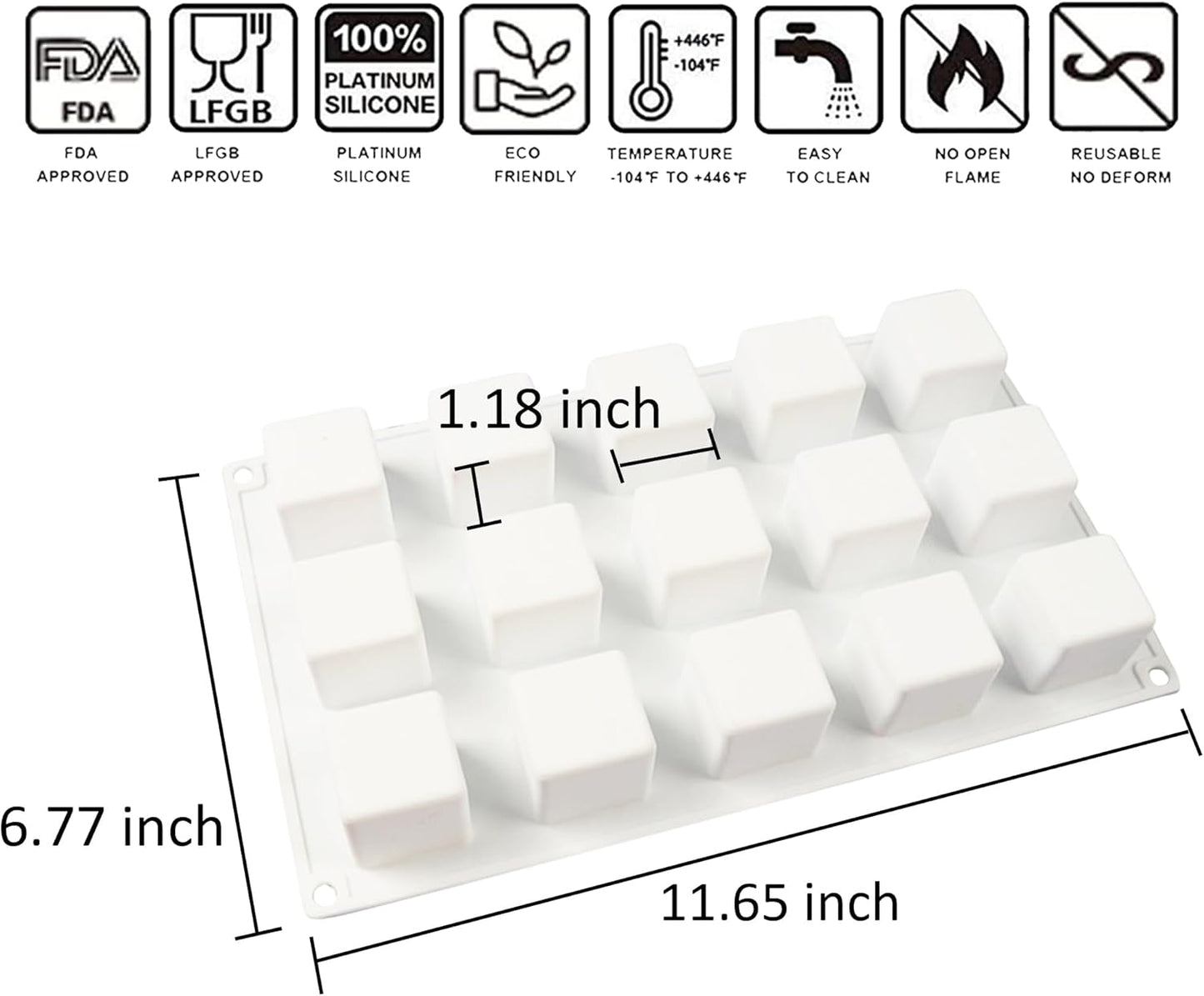 OCPO Kitchen 3D Cube Silicone Mold for Baking Mousse Cake, Square Baking Molds for Chocolate Candy Pastry Truffle Cupcake Jelly Cookie Pudding, Square Shape (15-Cavity)
