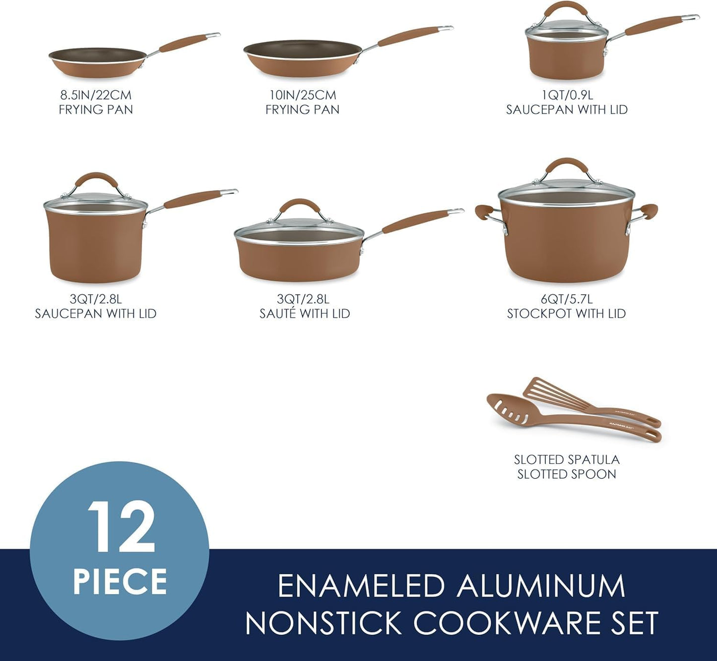 Rachael Ray Cucina Nonstick Cookware Pots and Pans Set, 12 Piece, Mushroom Brown
